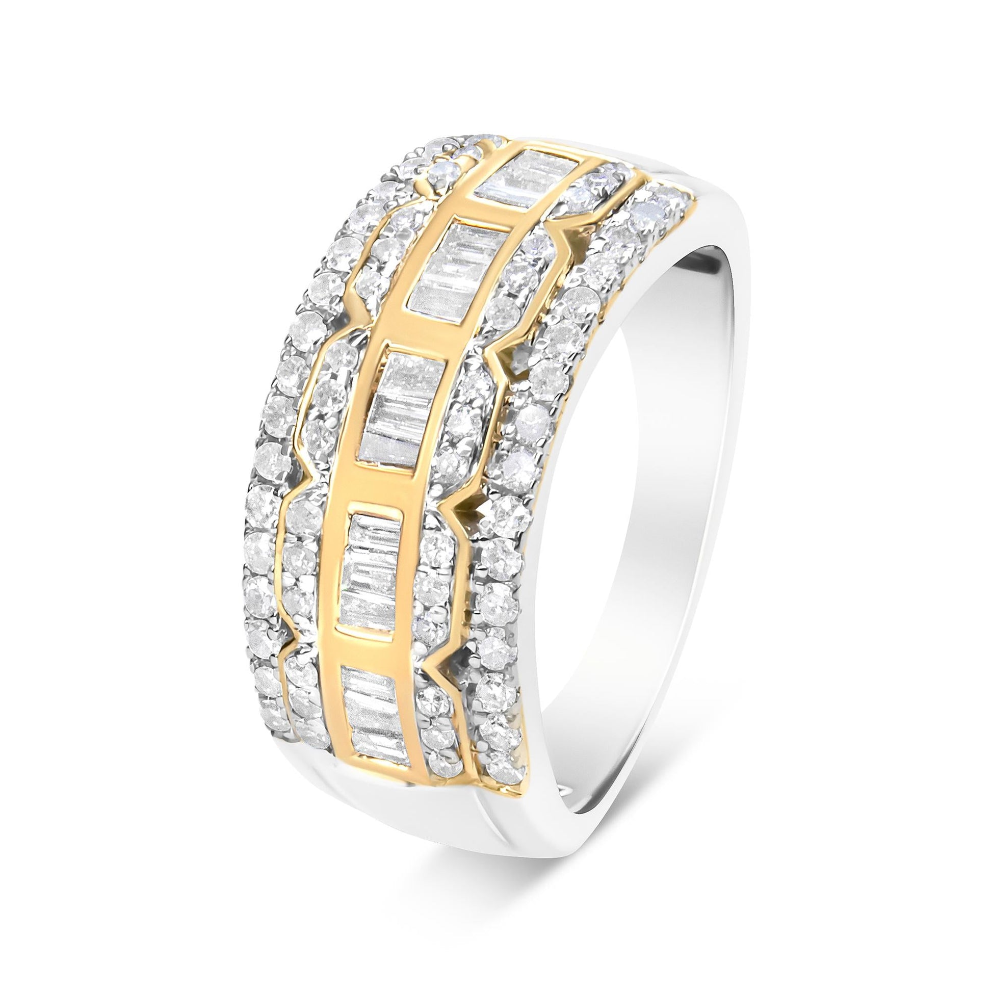 10K White and Yellow Gold 1.00 Cttw Baguette and Round cut Diamond Art Deco Multi-Row Ring Band (I-J Color, I1-I2 Clarity)-1