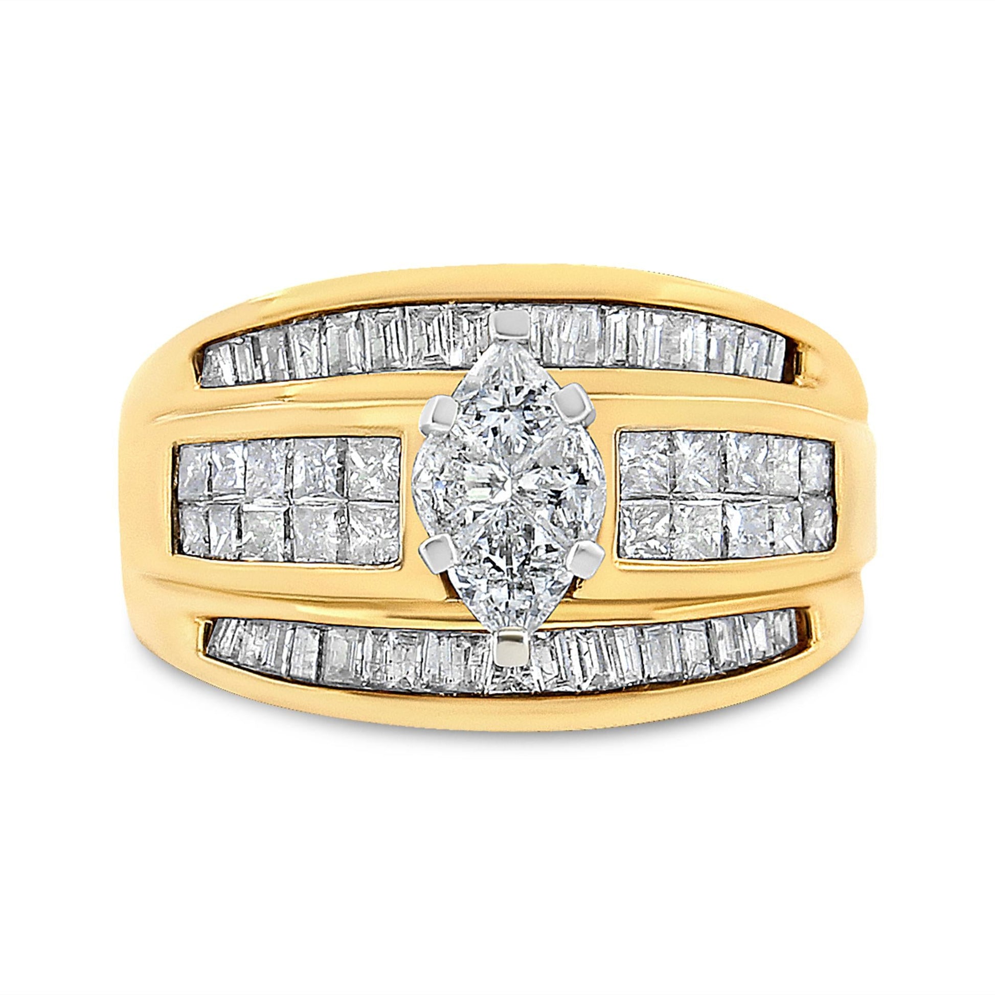 14K Yellow Gold 1 1/2 Cttw Pie, Princess and Baguette-cut Diamond Marquise Shaped Engagement Cocktail Ring Band (H-I Color, I1-I2 Clarity)-0