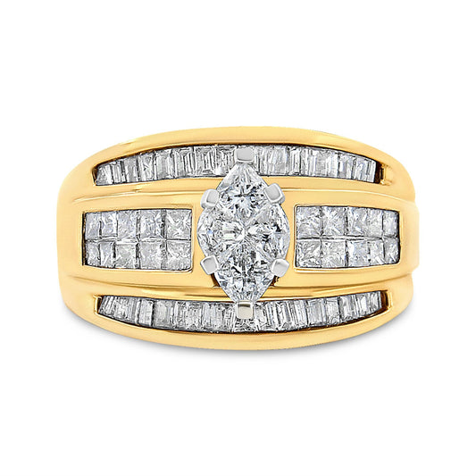 14K Yellow Gold 1 1/2 Cttw Pie, Princess and Baguette-cut Diamond Marquise Shaped Engagement Cocktail Ring Band (H-I Color, I1-I2 Clarity)-0