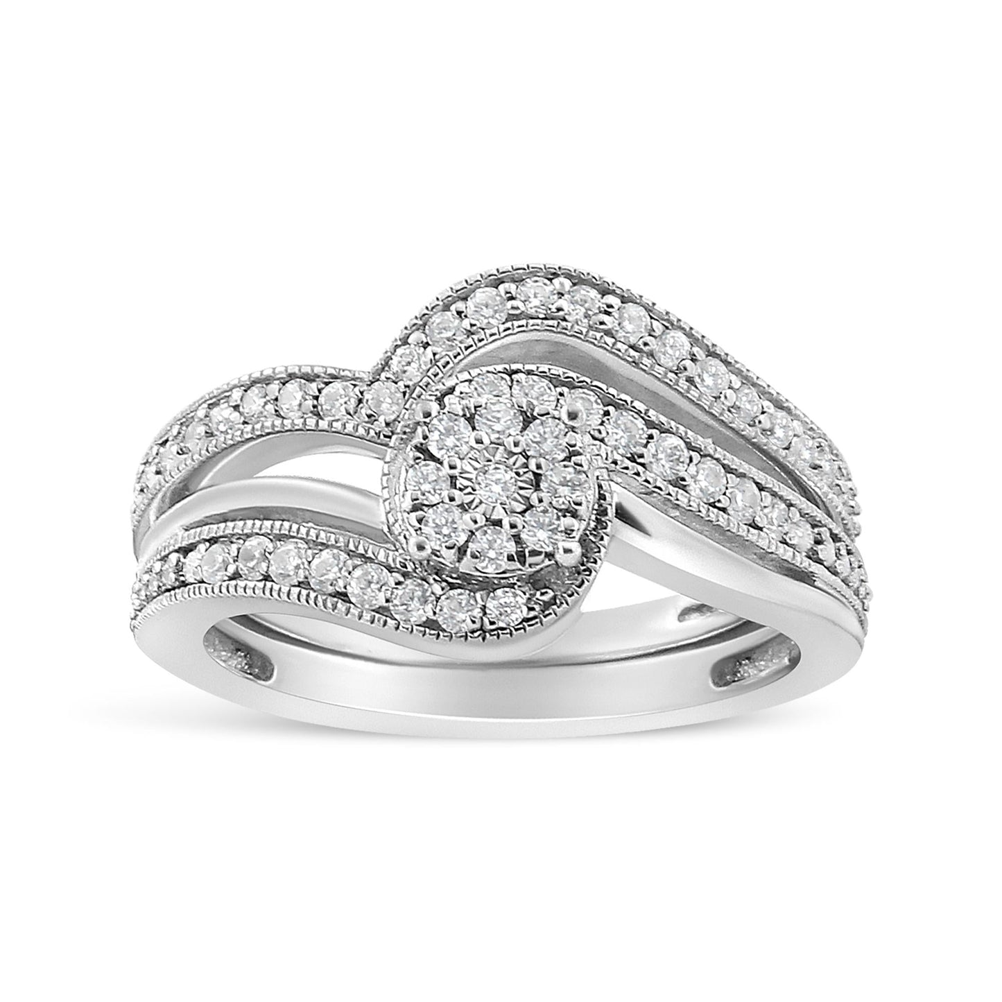 .925 Sterling Silver 1/3ct Cttw Multi-Diamond Bypass Vintage-Style Bridal Set Ring and Band (I-J Color, I3 Clarity)-0