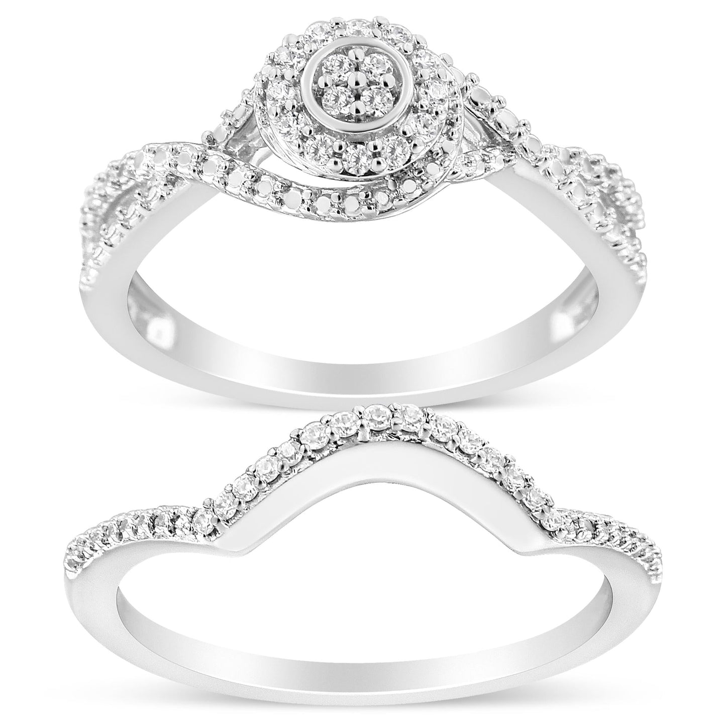 .925 Sterling Silver 1/6 Cttw Diamond Composite Halo and Split Shank Bridal Set Ring and Band  (I-J Color, I3 Clarity)-0