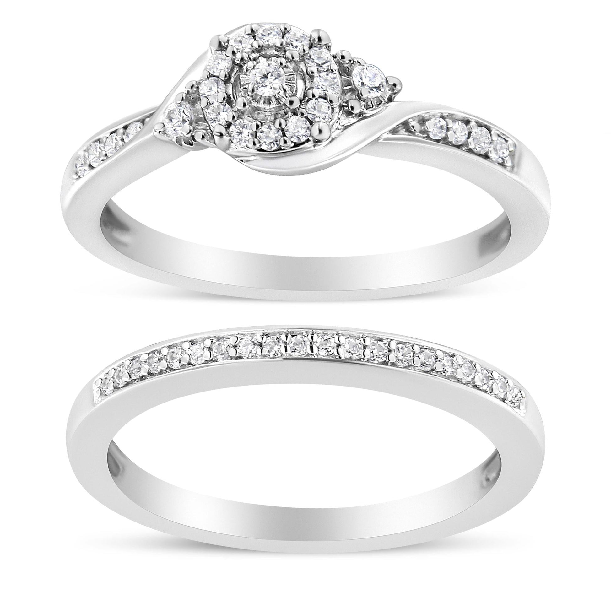 .925 Sterling Silver 1/4 Cttw Diamond Halo and Swirl Engagement Ring and Wedding Band Set (I-J Color, I3 Clarity)-0