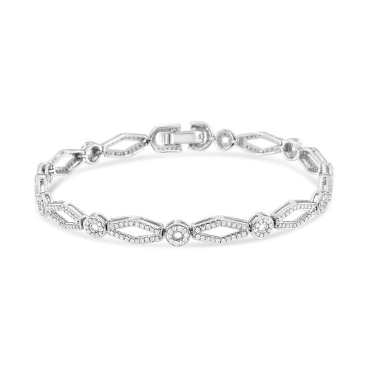 .925 Sterling Silver 1 1/2 Cttw Diamond Studded Alternating Circle and Kite-Shaped Vintage-Style Link Bracelet (I-J Color, I2-I3 Clarity) 7 Inch-0