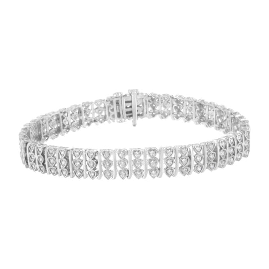 .925 Sterling Silver 1 1/2 cttw Round Diamond 3 Row Heart Link Bracelet (I-J Color,I3 Clarity) - 7.25 "-0