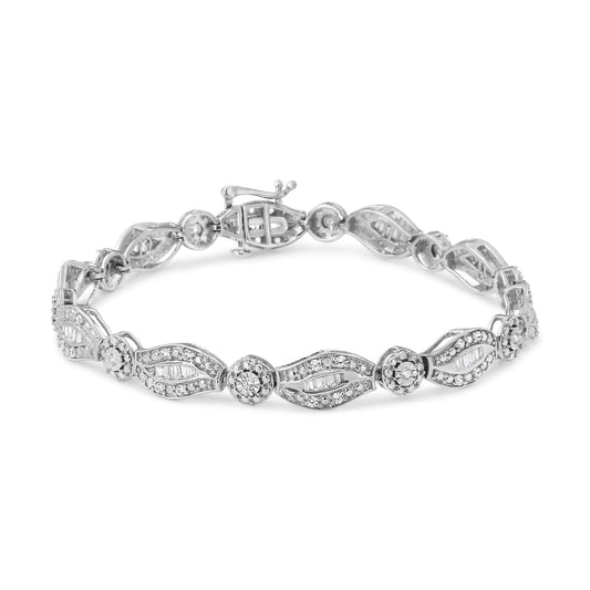 .925 Sterling Silver 1 cttw Diamond Double Leaf and Bezel Link Bracelet (I-J Clarity, I2-I3 Color) - Size 7.25"-0