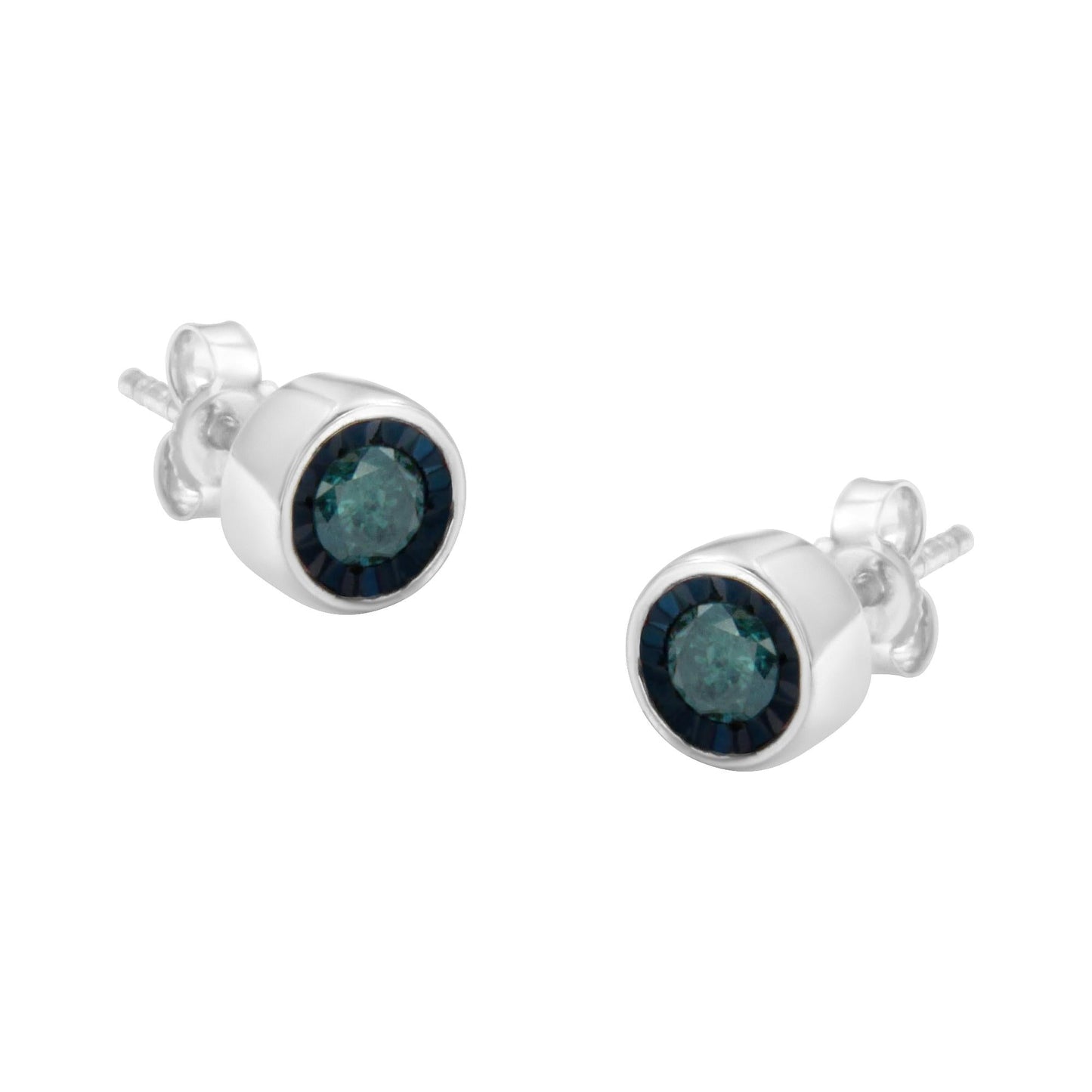 .925 Sterling Silver 0.40 Cttw Round Brilliant-Cut Blue Diamond Miracle-Set Stud Earrings (Fancy Color-Enhanced, I2-I3 Clarity)-0