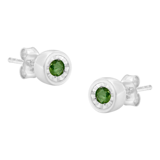 .925 Sterling Silver 0.15 Cttw Round Brilliant-Cut Green Diamond Miracle-Set Stud Earrings (Fancy Color-Enhanced, I1-I2 Clarity)-0