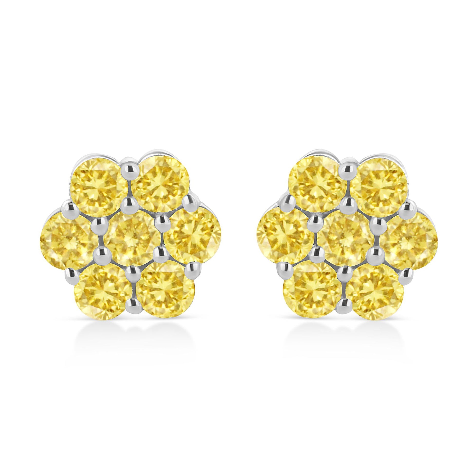 .925 Sterling Silver  Prong Set Round-Cut Treated Colored Diamond Floral Cluster Stud Earring - Choice of Diamond Colors and Total Weights-3