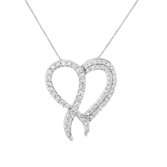 .925 Sterling Silver 1 cttw Diamond Heart and Ribbon 18" Pendant Necklace (I-J Clarity, I2-I3 Color) - 18"-0