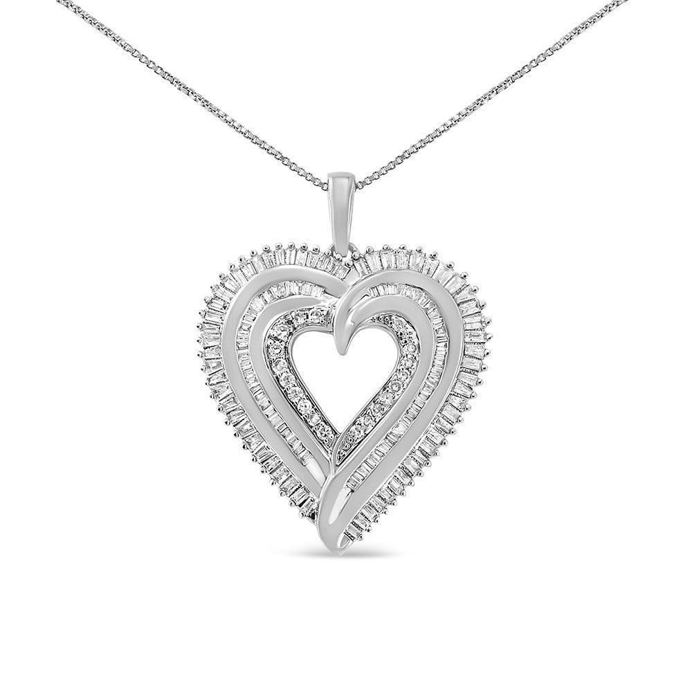 .925 Sterling Silver 1 1/2 Cttw Baguette Diamond Composite Heart 18" Inch Pendant Necklace (I-J Color, I1-I2 Clarity)-0