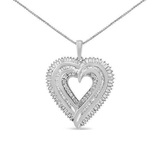 .925 Sterling Silver 1 1/2 Cttw Baguette Diamond Composite Heart 18" Inch Pendant Necklace (I-J Color, I1-I2 Clarity)-0