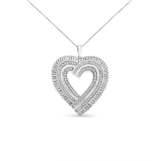 .925 Sterling Silver 1 1/4 Cttw Round and Baguette-Cut Diamond Composite Heart 18" Pendant Necklace (I-J Color, I1-I2 Clarity)-0