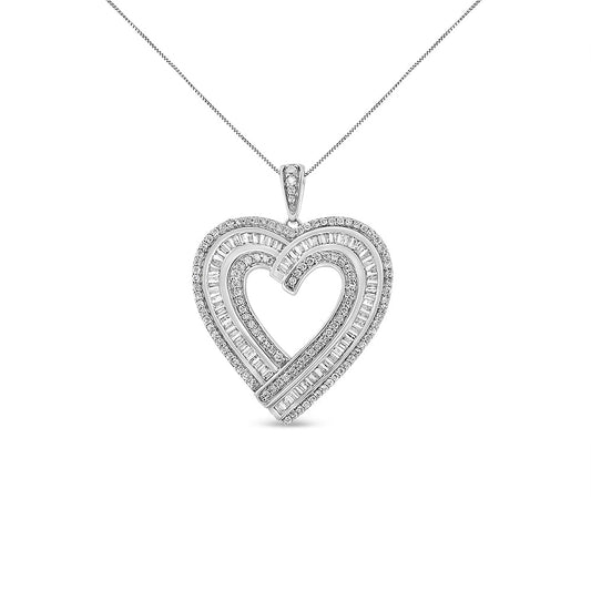 .925 Sterling Silver 1 3/8 Cttw Baguette Diamond Composite Heart 18" Inch Pendant Necklace (I-J Color, I1-I2 Clarity)-0