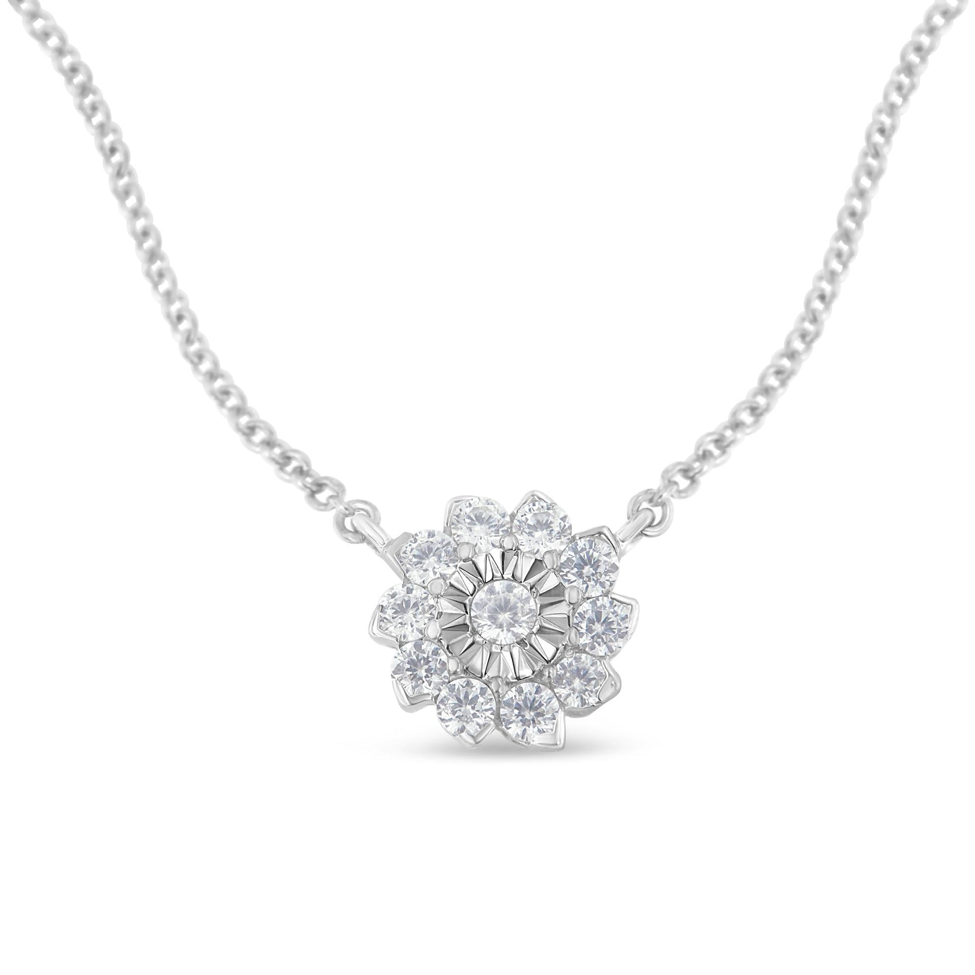 .925 Sterling Silver 1/2 Cttw Diamond Miracle Set Flower Cluster Pendant Necklace with Cable Chain (I-J Color, I1-I2 Clarity) - 18”-0