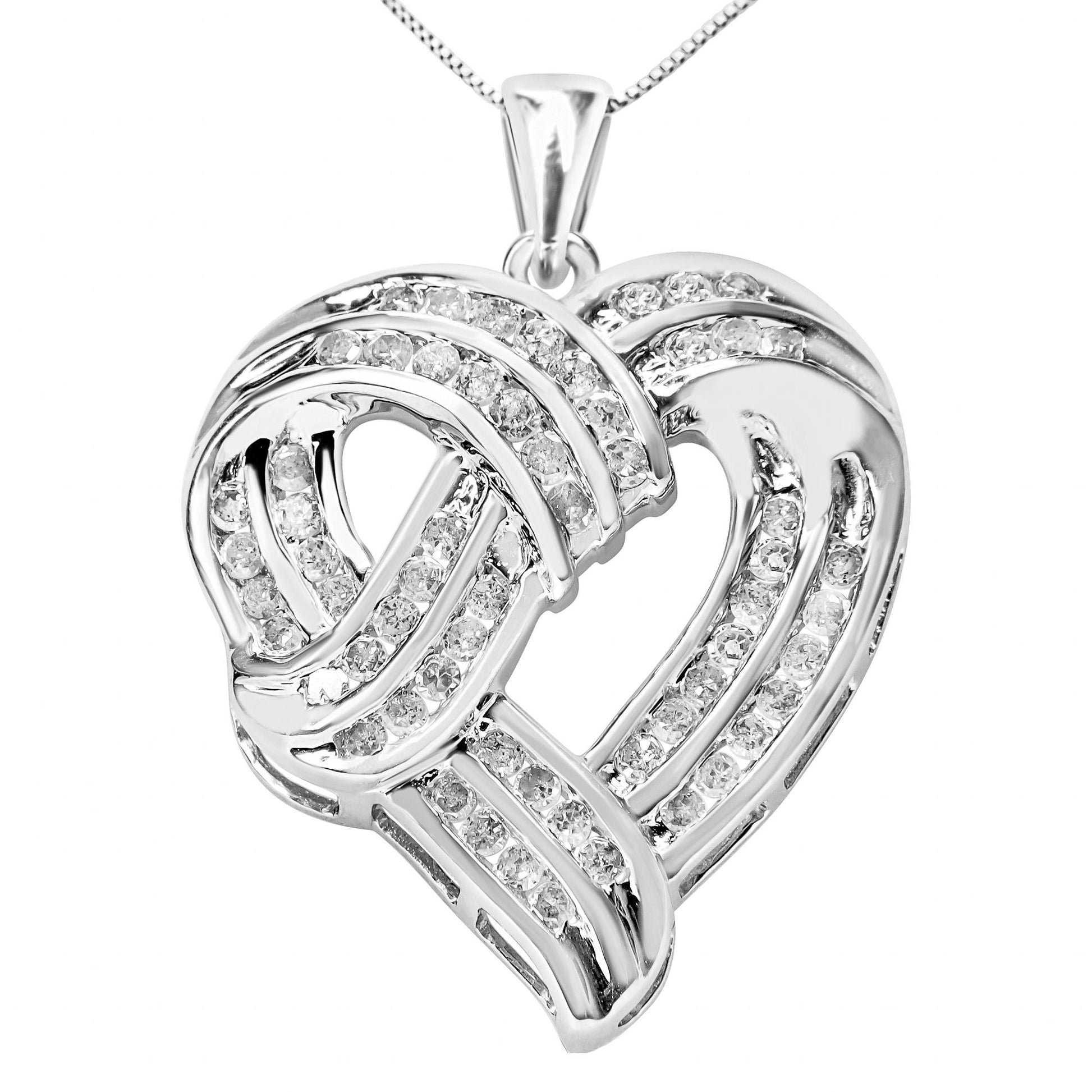 .925 Sterling Silver 1 1/4 Cttw Round Diamond Openwork Ribbon Weave Heart Pendant 18" Necklace (I-J Color, I3 Clarity)-0