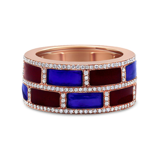 18K Rose Gold Alternating Red and Blue Enamel and 1/2 Cttw Diamond Studded Band Ring (F-G Color, VS1-VS2 Clarity)-0