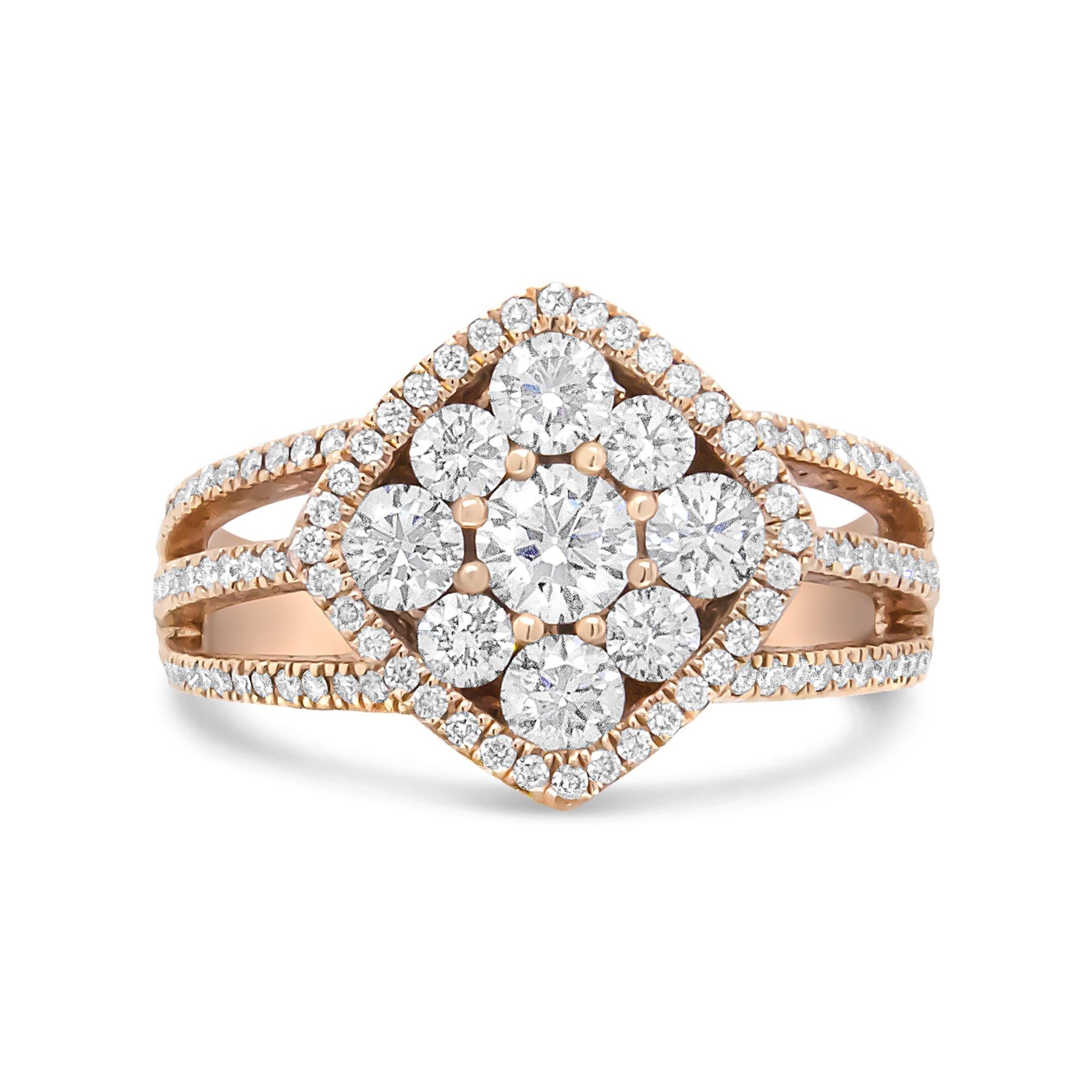 18K Rose Gold 1 1/4 Cttw Diamond Halo Cluster Split Shank Ring Band (F-G Color, VS1-VS2 Clarity)-0