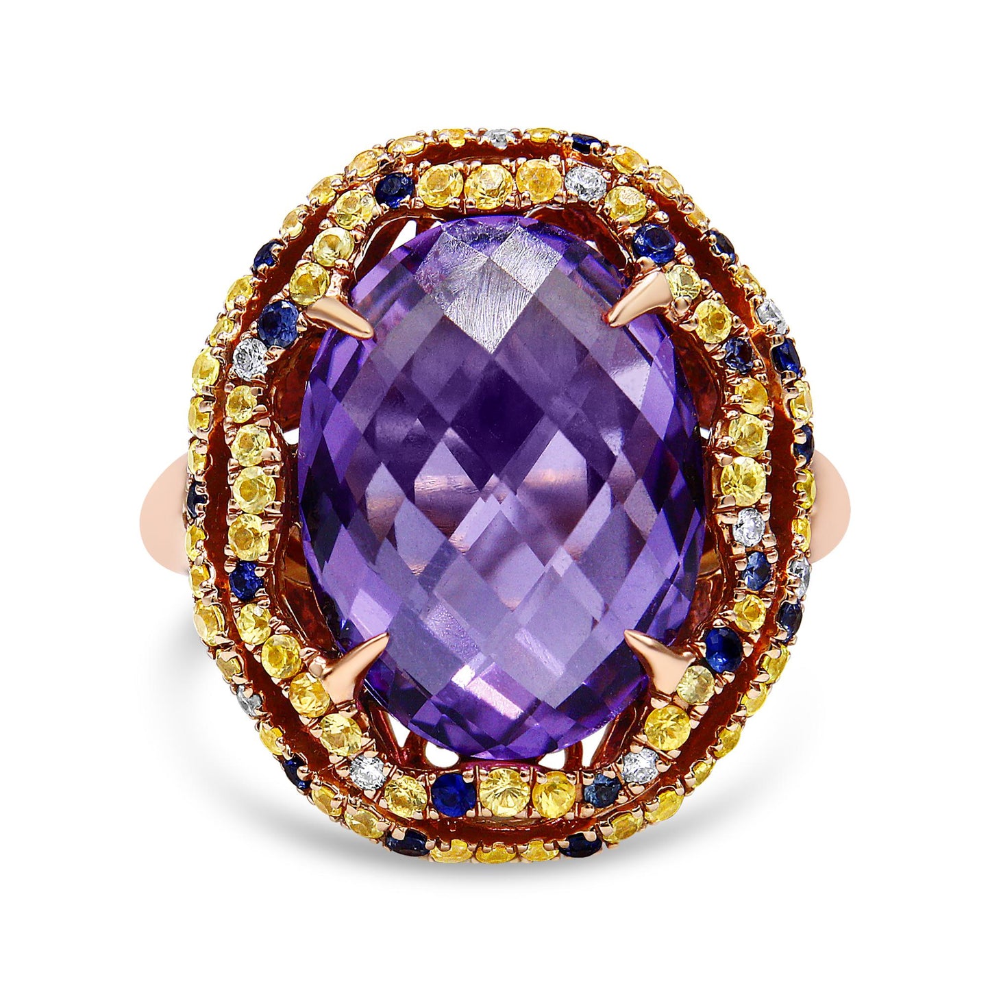 18K Yellow and Rose Gold Claw Prong Set Checkerboard Cut Purple Amethyst, Blue & Yellow Sapphire, Diamond Accent Cocktail Ring Band (F-G Color, VS1-VS2 Clarity)-0