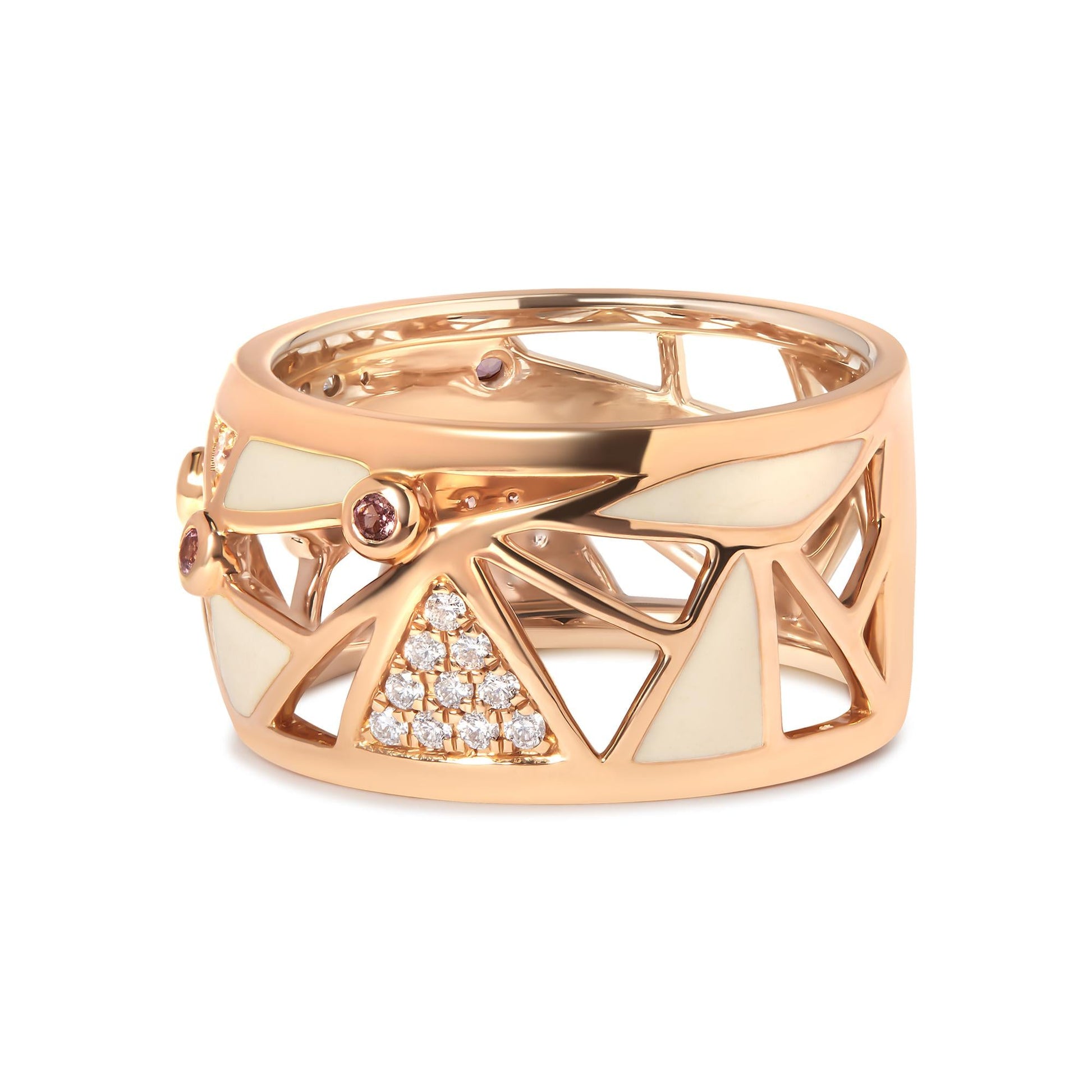 14K Rose Gold 1/3 Cttw Diamond and Pink Tourmaline Cigar Band Ring with White Enamel (G-H Color, SI1-SI2 Clarity)-0