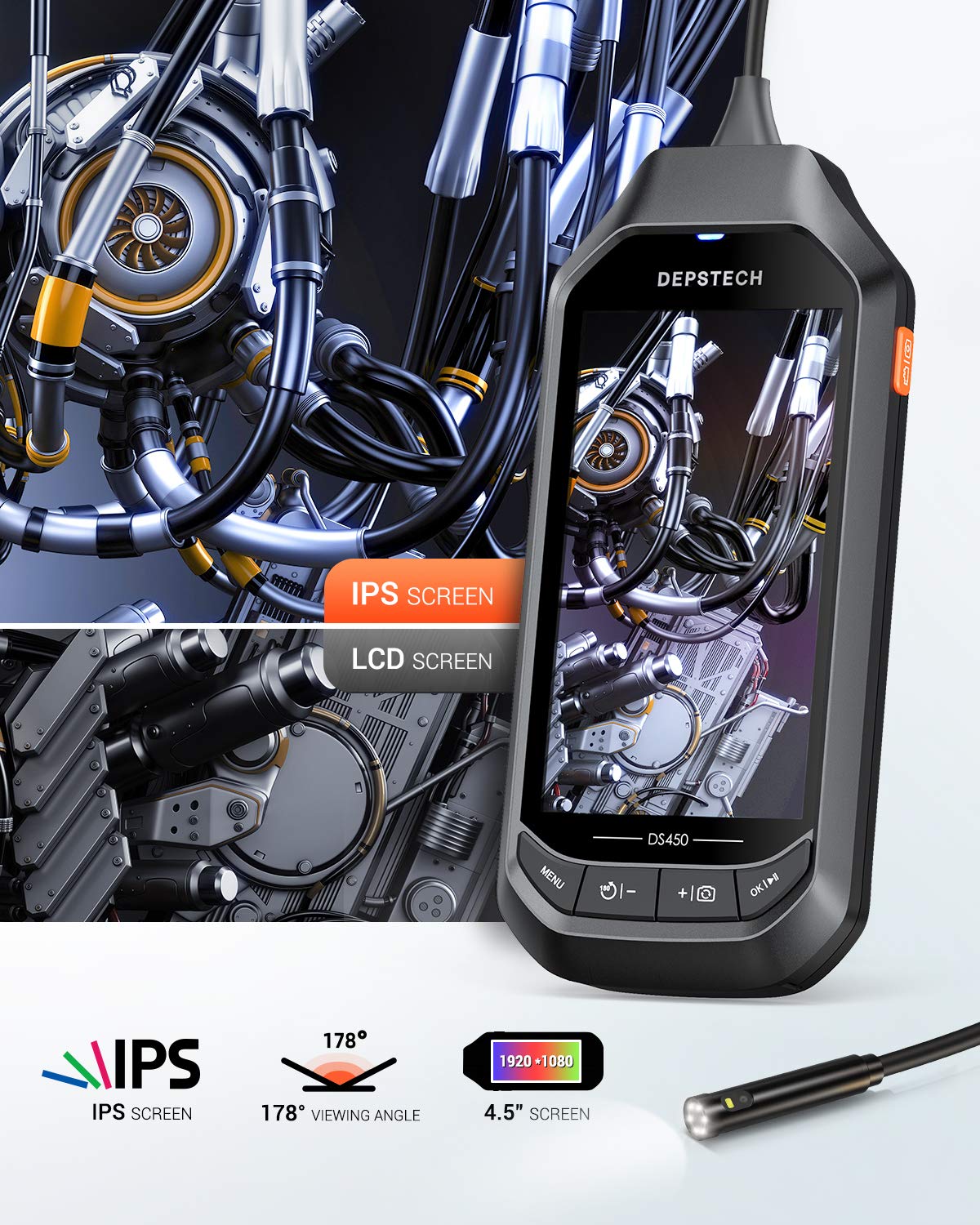 1080P Dual Lens Endoscope Camera with 4.3 "IPS LCD 2.0MP HD Inspection Camera with 6 LED for Car Sewer Drain Inspection-3