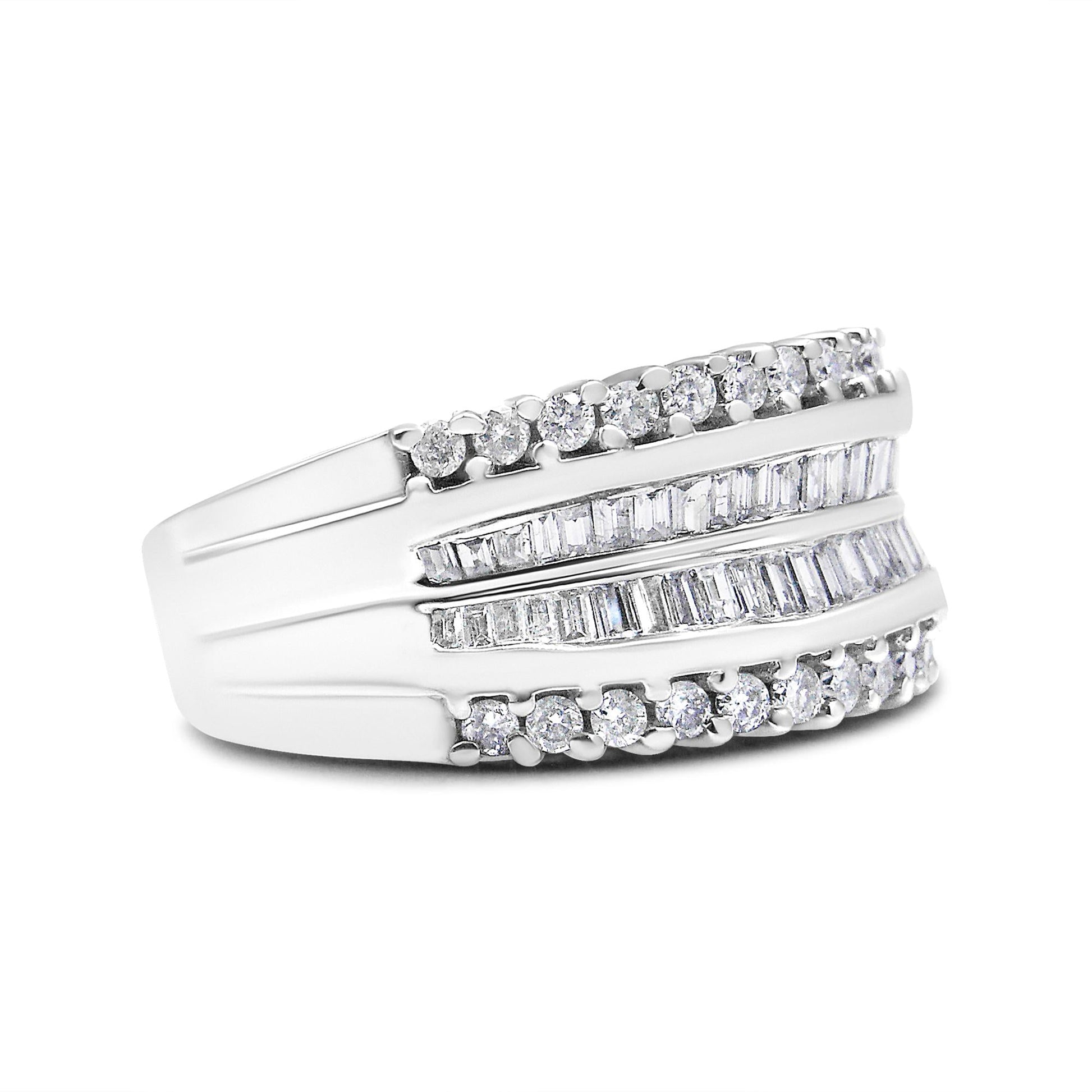 14K White Gold 1.00 Cttw Round and Baguette-Cut Diamond Modern Band Ring (H-I Color, SI2-I1 Clarity)-1