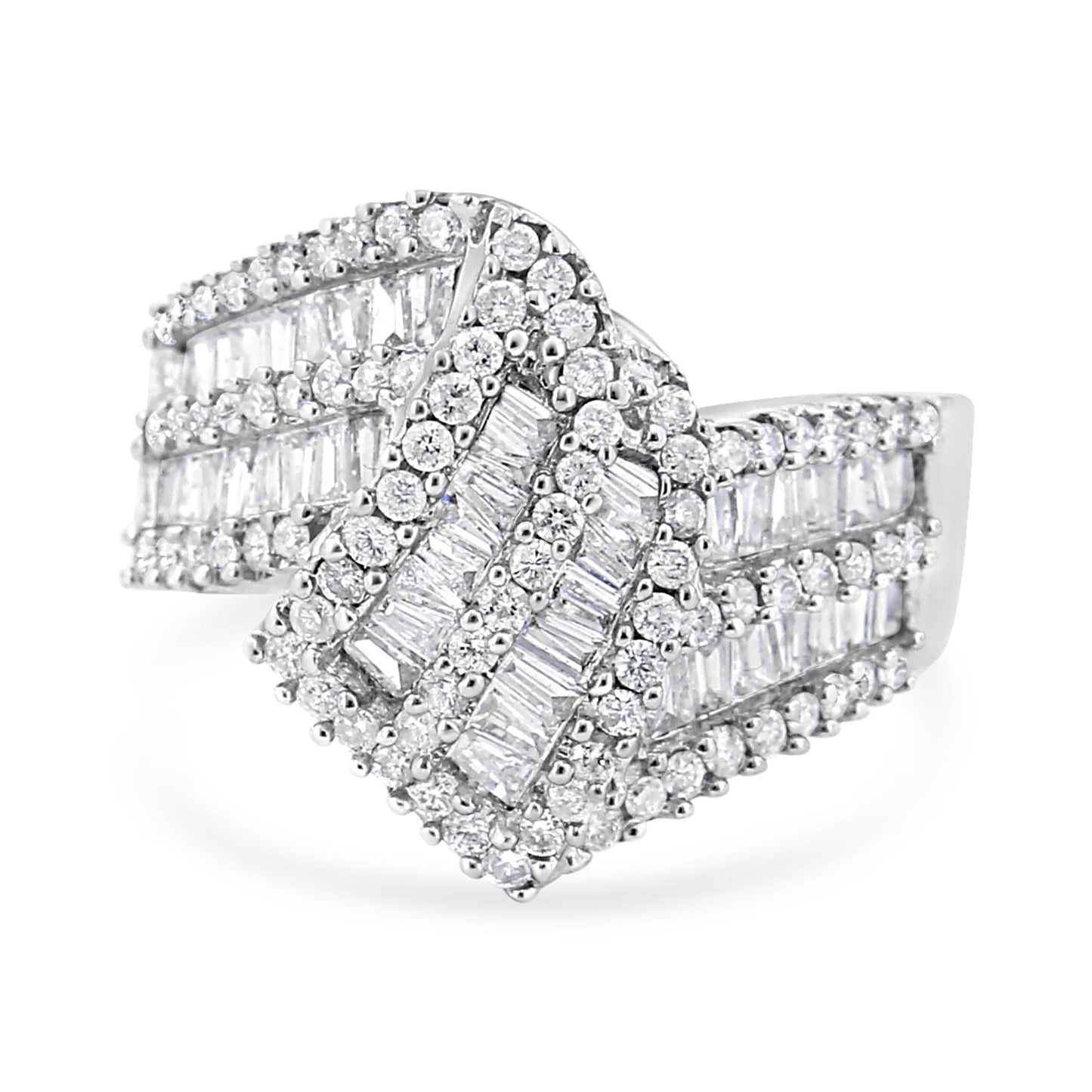 14K White Gold 1-1/2 Cttw Round and Baguette Diamond Bypass Cocktail Ring Band (H-I Color, SI1-SI2 Clarity)-1