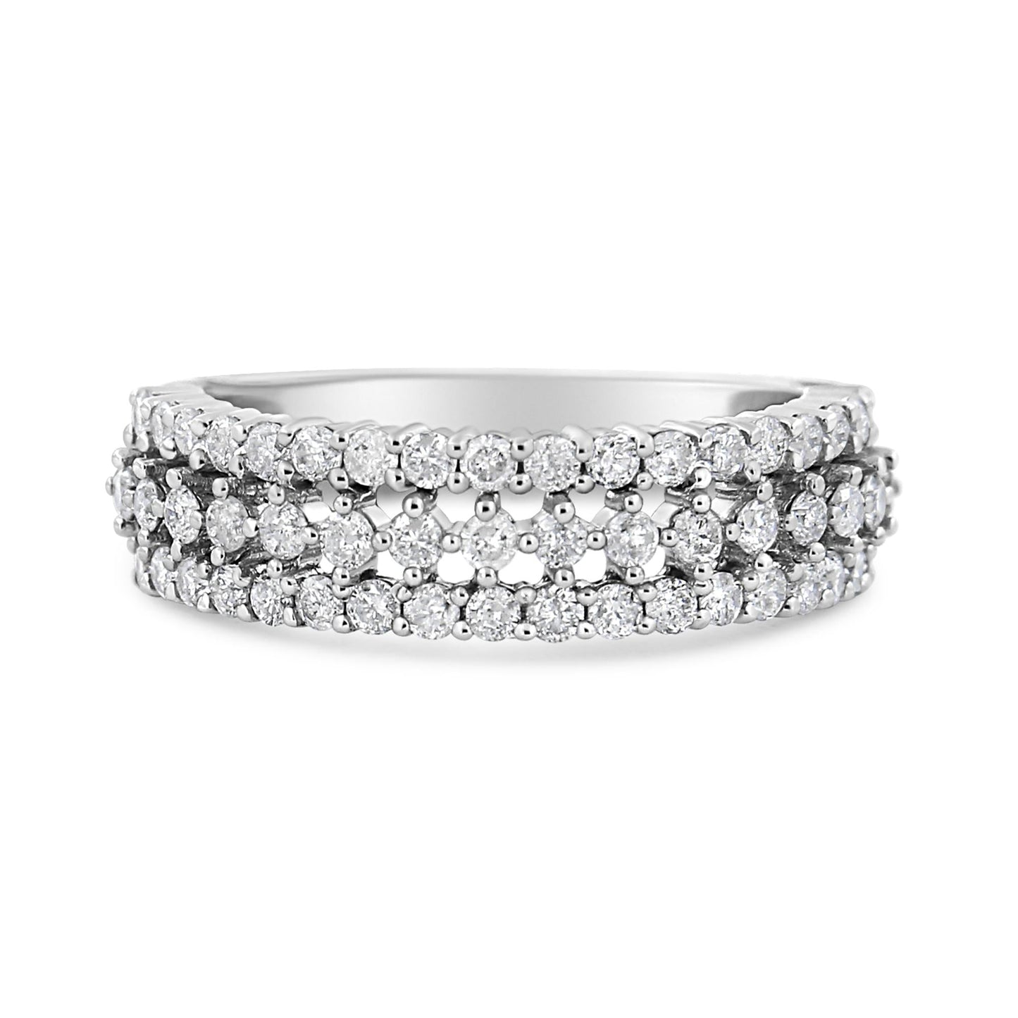 14K White Gold 1.0 Cttw Prong Set Round Diamond Split Shank Three Row Band Ring (H-I Color, I2-I3 Clarity)-1