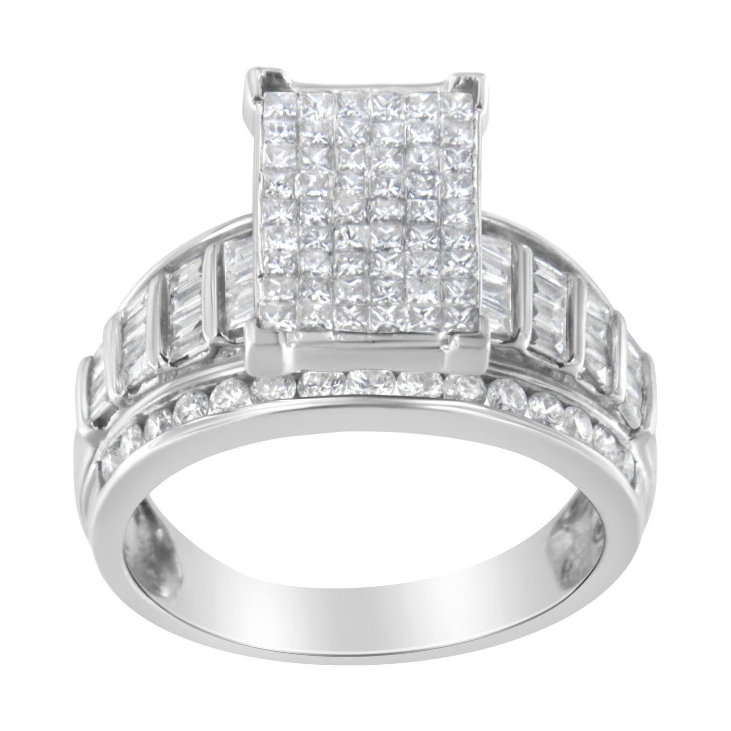 14K White Gold 2.0 Cttw Mixed-Cut Diamond Rectangle Invisible-Set Composite Cluster Ring with Bar- and Channel-Set Band (H-I Color, SI2-I1 Clarity)-1