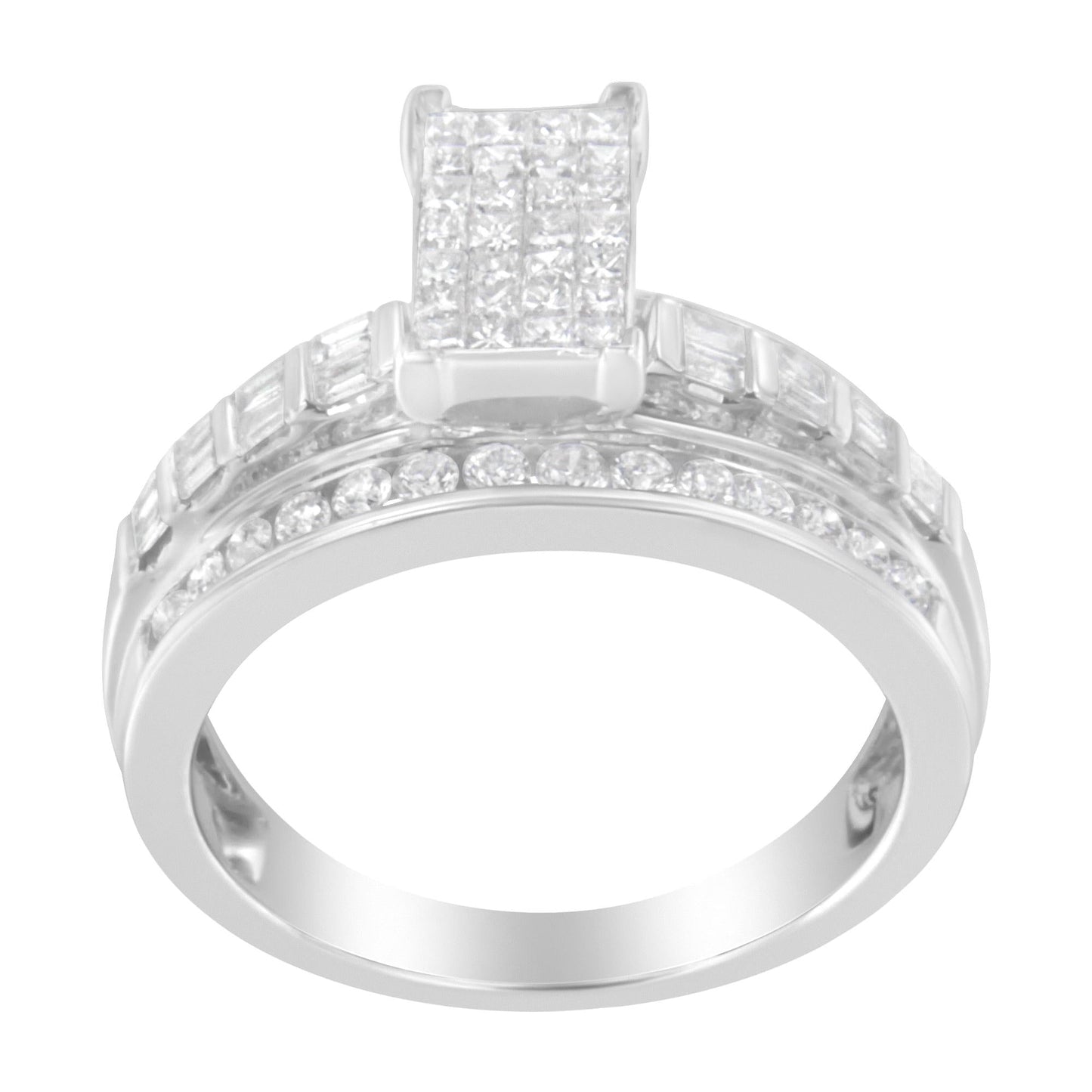 14K White Gold 1.0 Cttw Mixed-Cut Diamond Rectangle Invisible-Set Composite Cluster Ring with Bar- and Channel-Set Band (H-I Color, SI2-I1 Clarity)-1