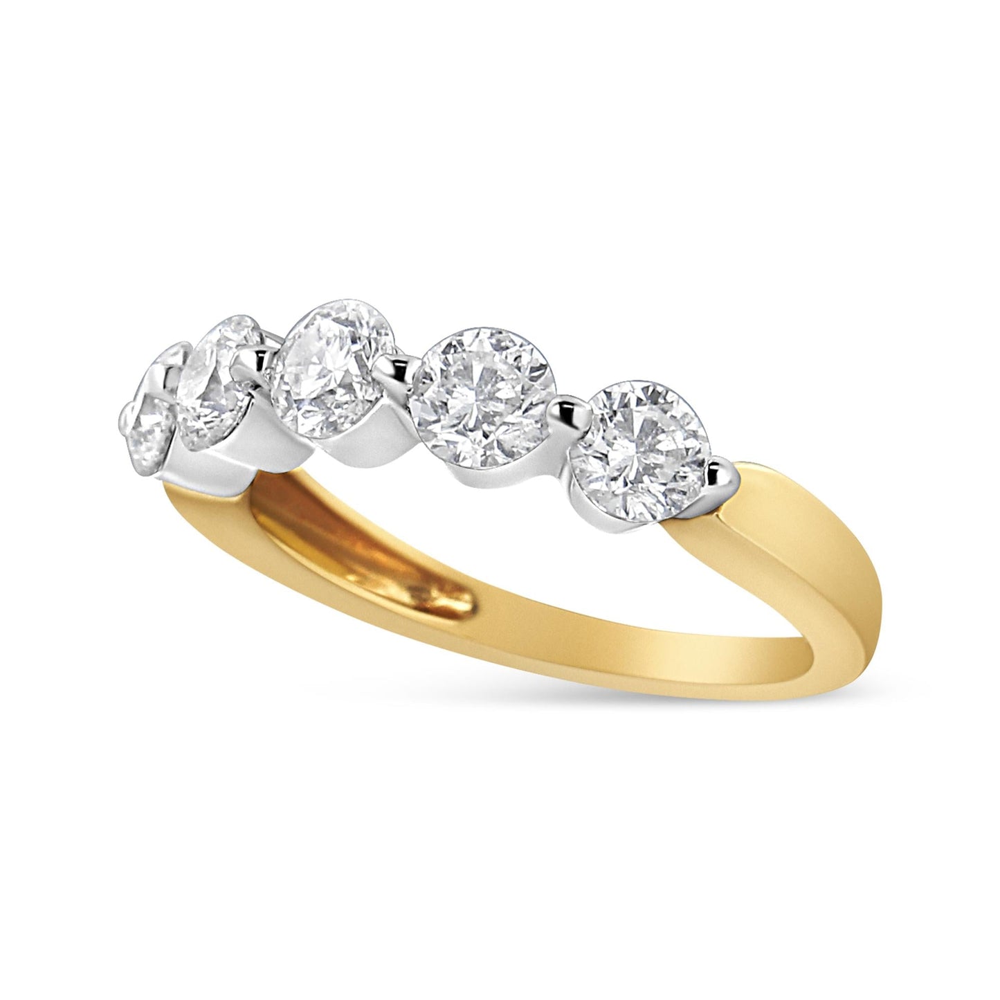 14K White and Yellow Gold 1 1/2 Cttw 2 Prong Cup Set Round-Cut Diamond 5 Stone Ring Band (H-I Color, SI2-I1 Clarity)-1