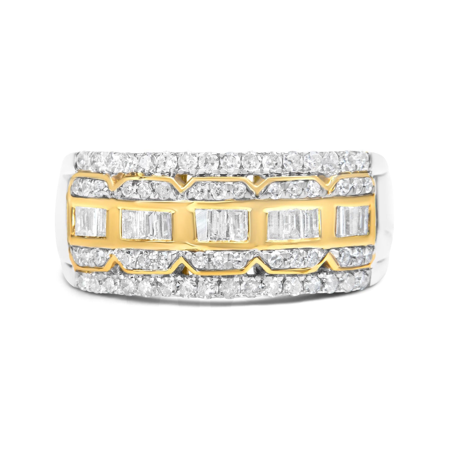 10K White and Yellow Gold 1.00 Cttw Baguette and Round cut Diamond Art Deco Multi-Row Ring Band (I-J Color, I1-I2 Clarity)-2