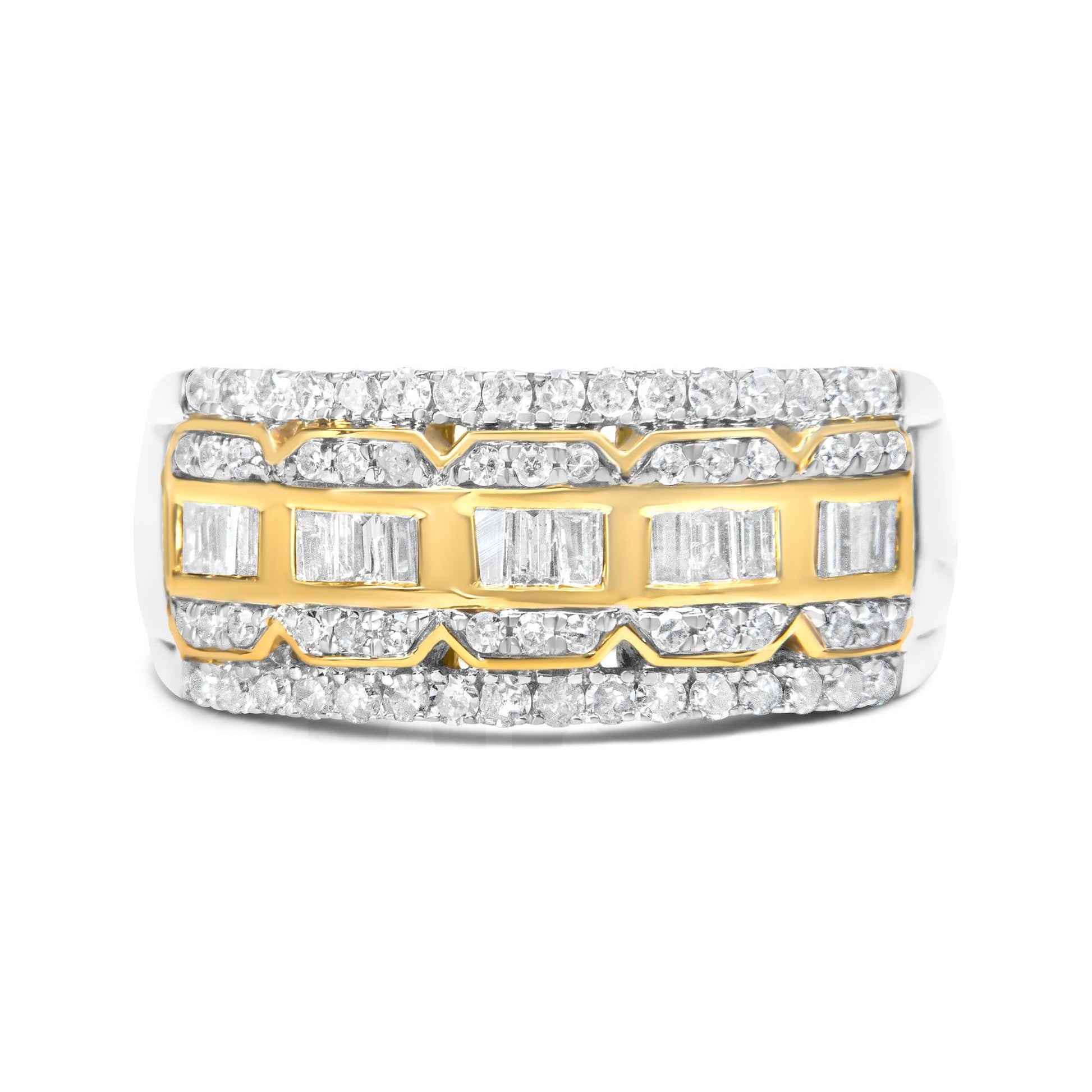 10K White and Yellow Gold 1.00 Cttw Baguette and Round cut Diamond Art Deco Multi-Row Ring Band (I-J Color, I1-I2 Clarity)-2