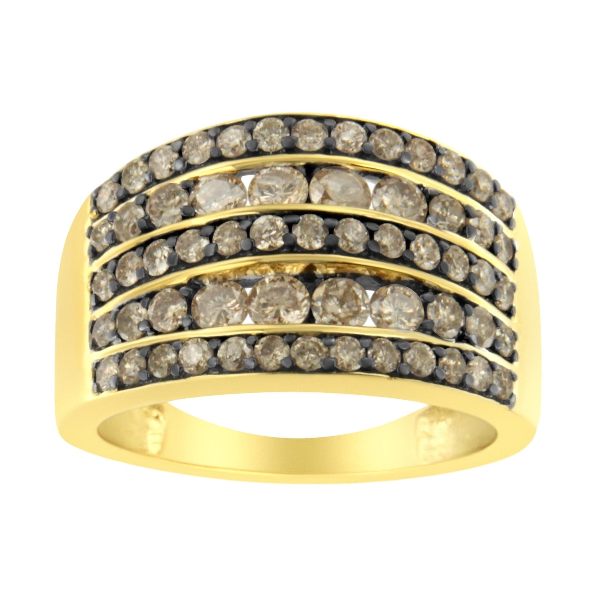 10K Yellow Gold Over .925 Sterling Silver 1 1/2 cttw Black Rhodium Shared-Prong Round-Cut Diamond 5 Row Band Ring (J-K Color, I1-I2 Clarity)-1