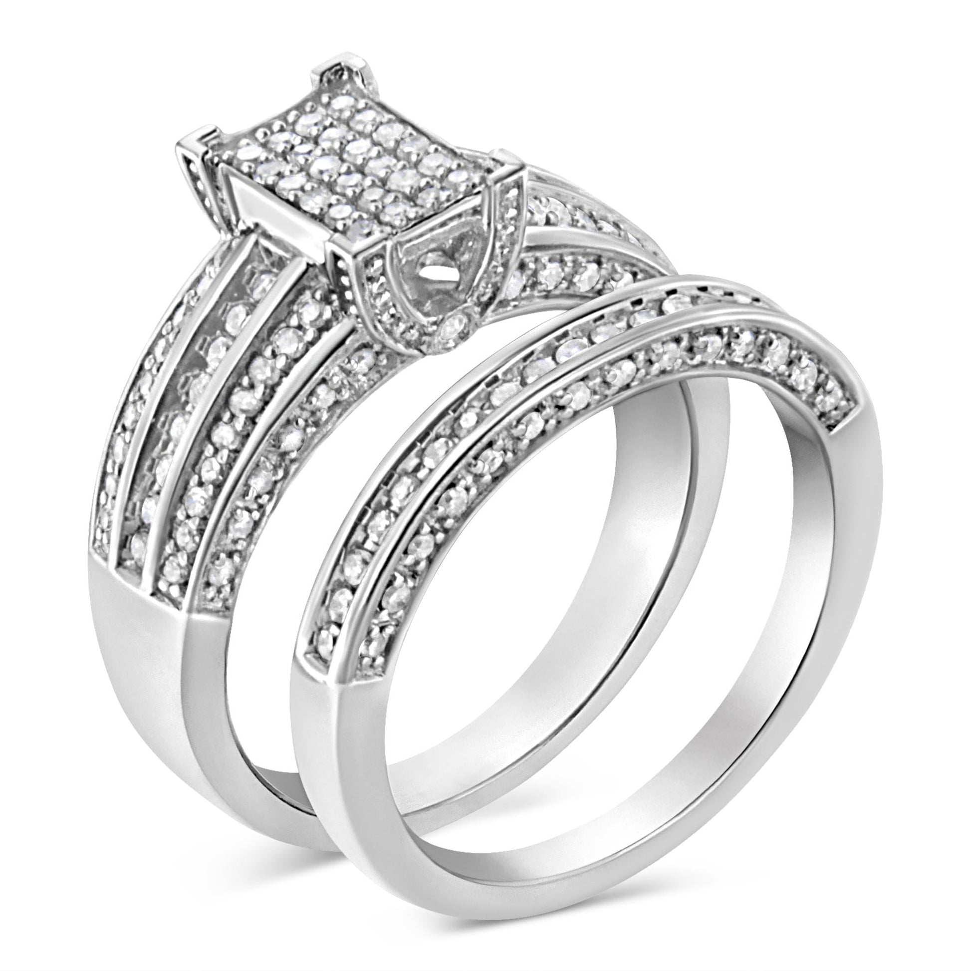 .925 Sterling Silver 3/4 Cttw Prong Set Round Diamond Composite Engagement Ring and Band Set (I-J Color, I3 Clarity)-1