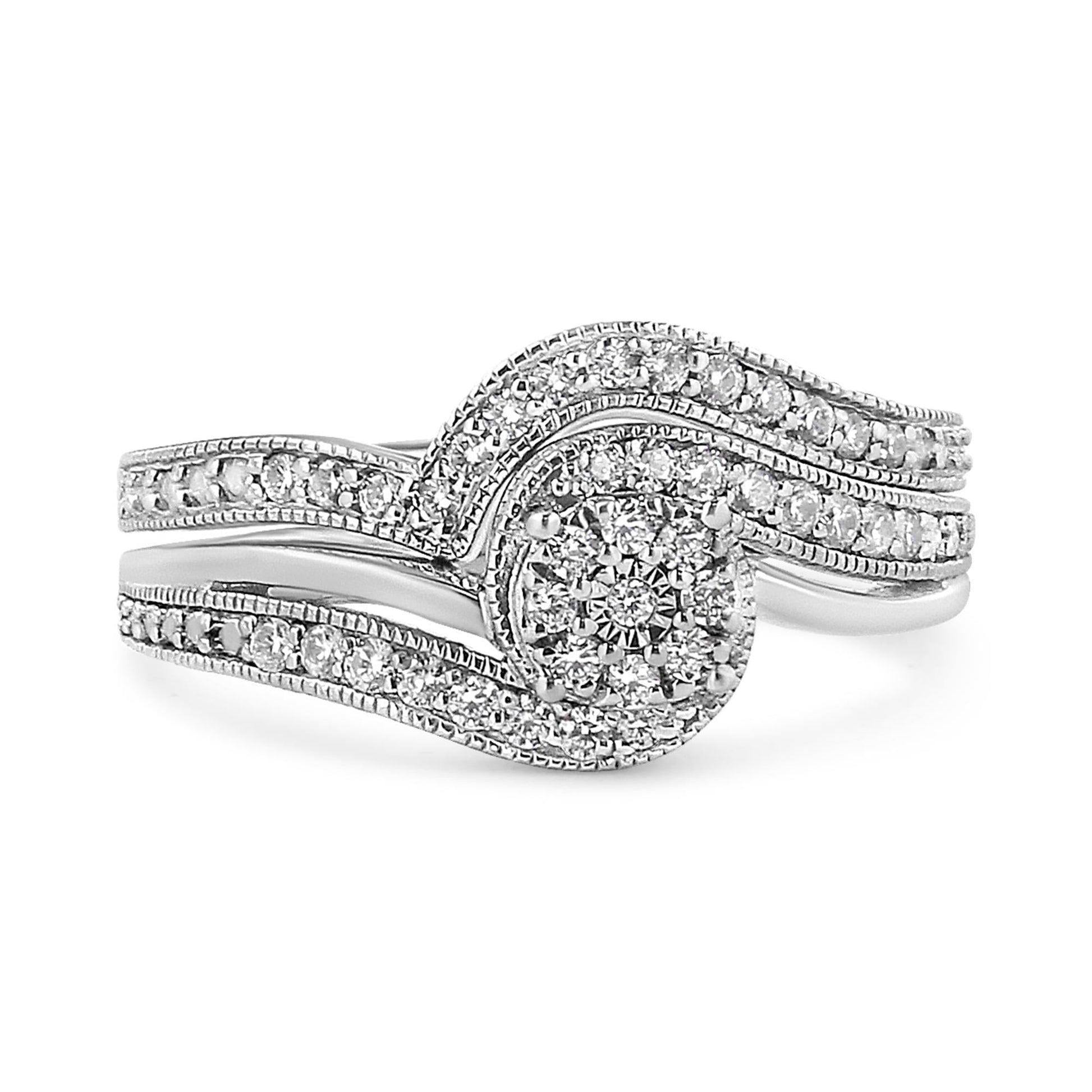 .925 Sterling Silver 1/3ct Cttw Multi-Diamond Bypass Vintage-Style Bridal Set Ring and Band (I-J Color, I3 Clarity)-2