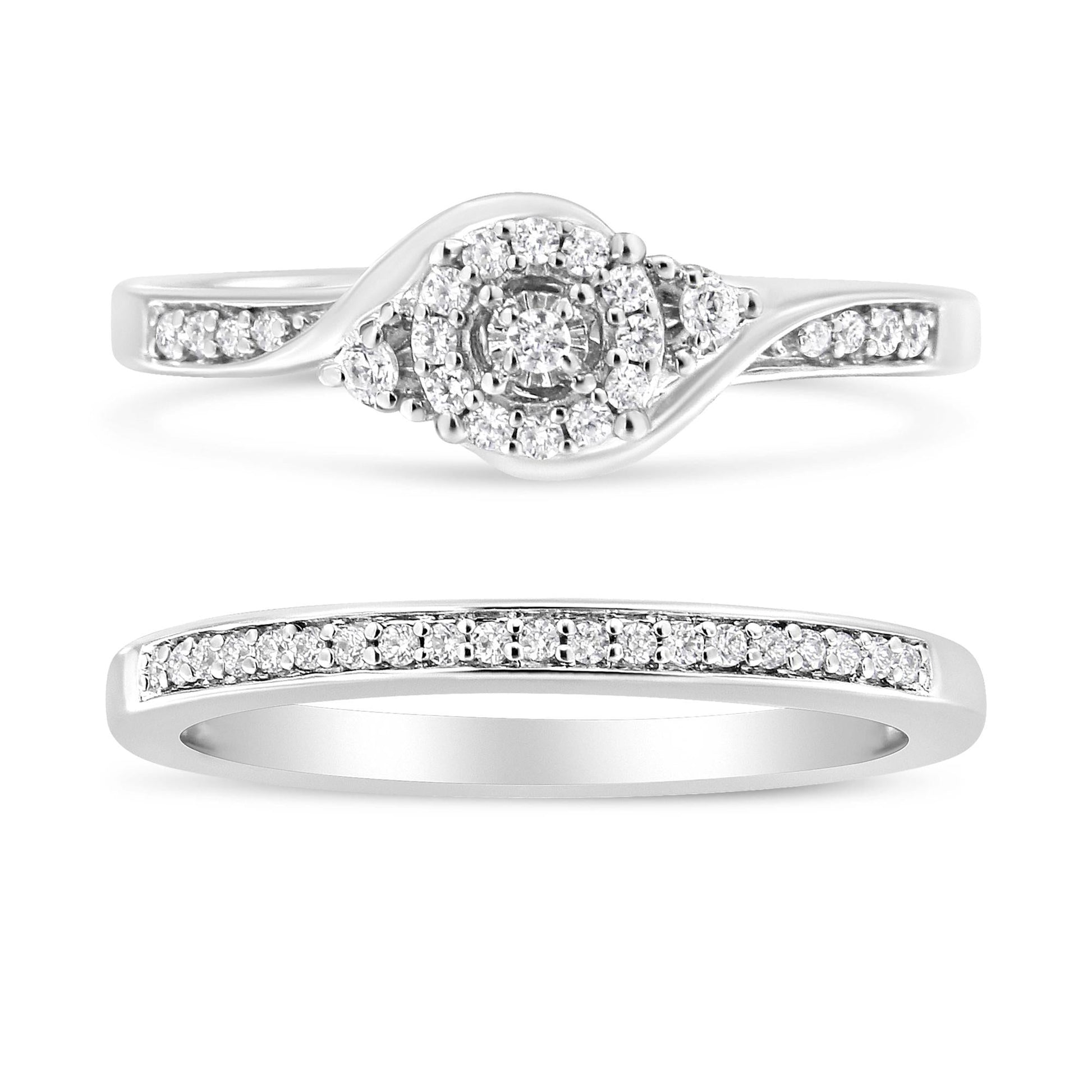 .925 Sterling Silver 1/4 Cttw Diamond Halo and Swirl Engagement Ring and Wedding Band Set (I-J Color, I3 Clarity)-1