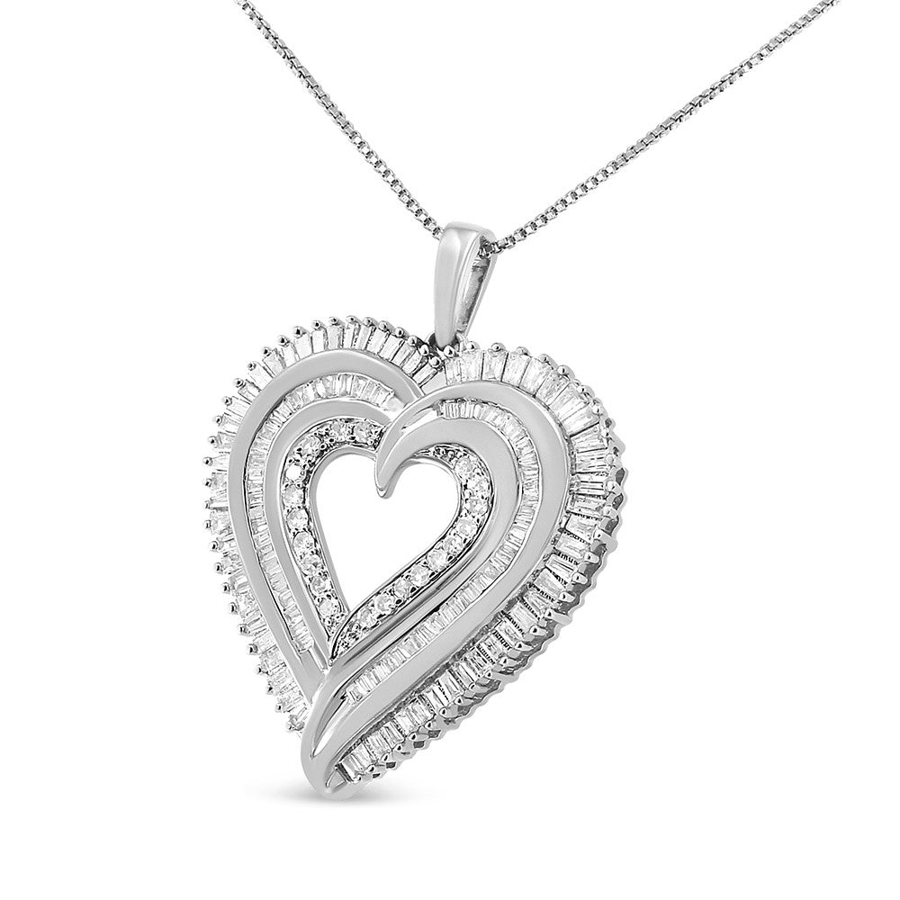 .925 Sterling Silver 1 1/2 Cttw Baguette Diamond Composite Heart 18" Inch Pendant Necklace (I-J Color, I1-I2 Clarity)-2