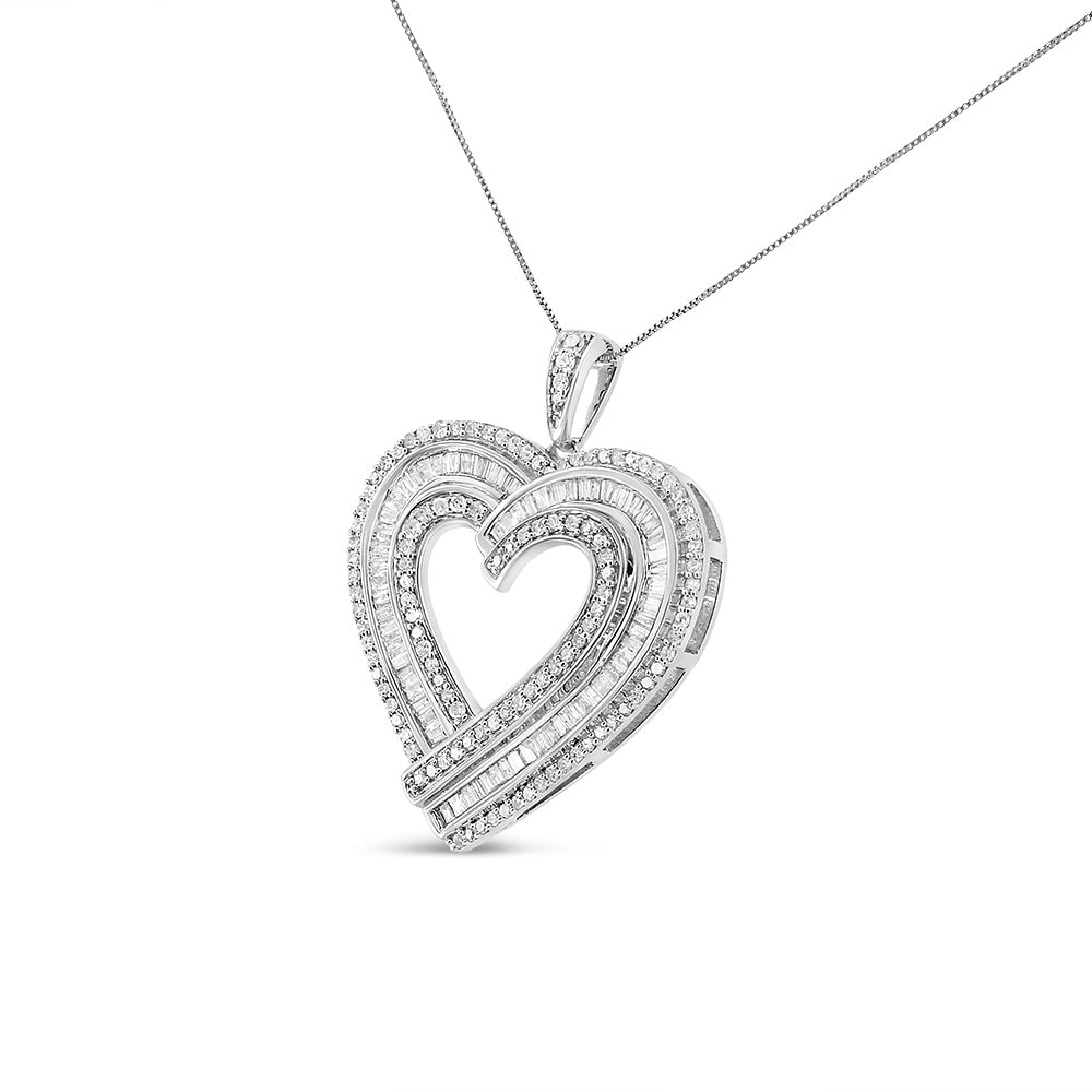 .925 Sterling Silver 1 3/8 Cttw Baguette Diamond Composite Heart 18" Inch Pendant Necklace (I-J Color, I1-I2 Clarity)-2