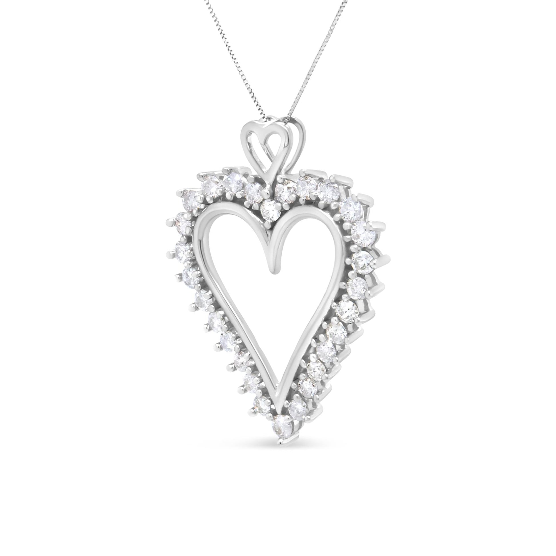 .925 Sterling Silver 1 3/4 Cttw Round Diamond Lined Open Heart Pendant 18" Necklace (I-J Color, I2-I3 Clarity)-1