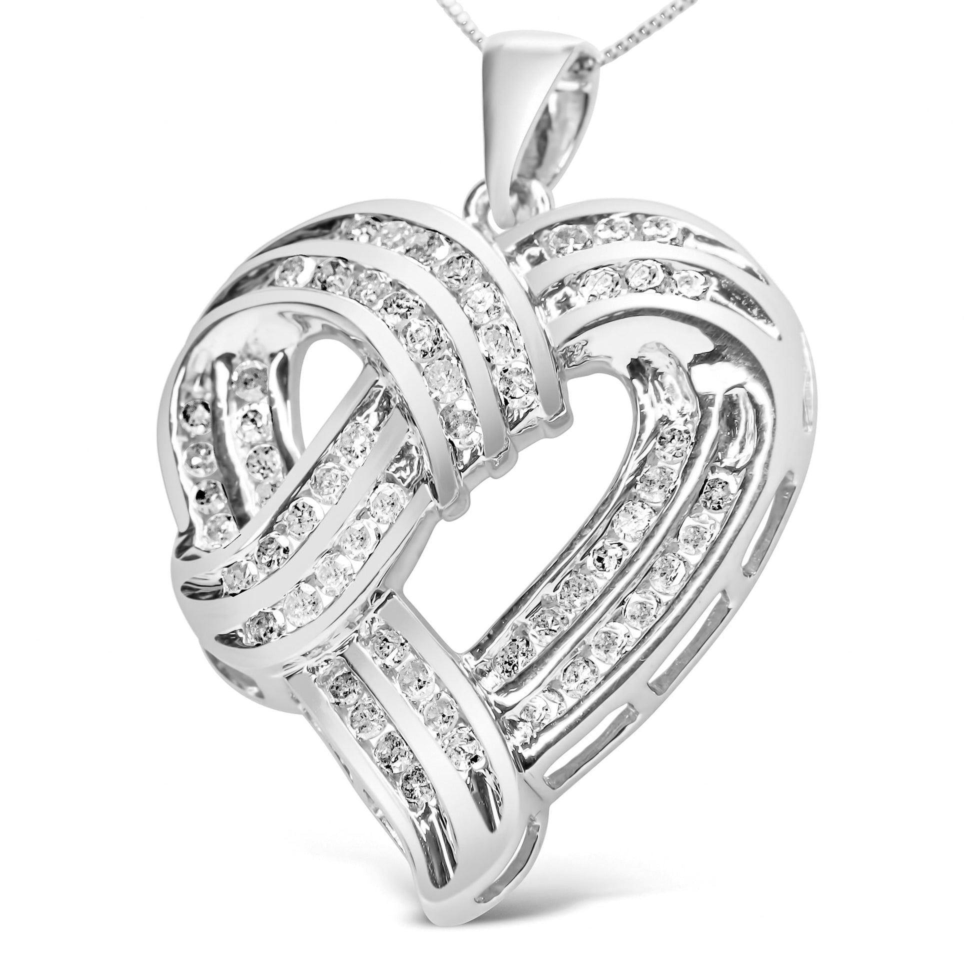 .925 Sterling Silver 1 1/4 Cttw Round Diamond Openwork Ribbon Weave Heart Pendant 18" Necklace (I-J Color, I3 Clarity)-1