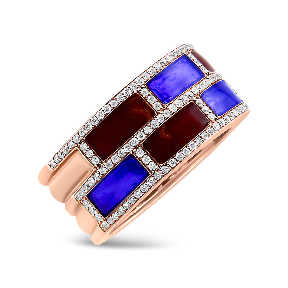 18K Rose Gold Alternating Red and Blue Enamel and 1/2 Cttw Diamond Studded Band Ring (F-G Color, VS1-VS2 Clarity)-1