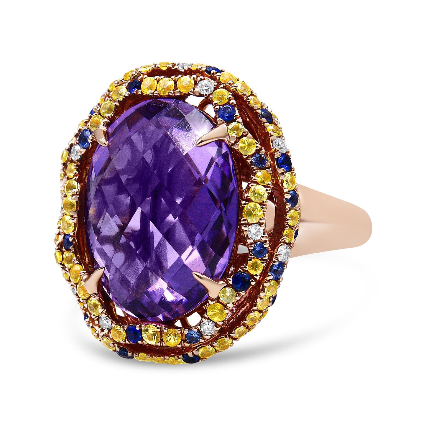 18K Yellow and Rose Gold Claw Prong Set Checkerboard Cut Purple Amethyst, Blue & Yellow Sapphire, Diamond Accent Cocktail Ring Band (F-G Color, VS1-VS2 Clarity)-1