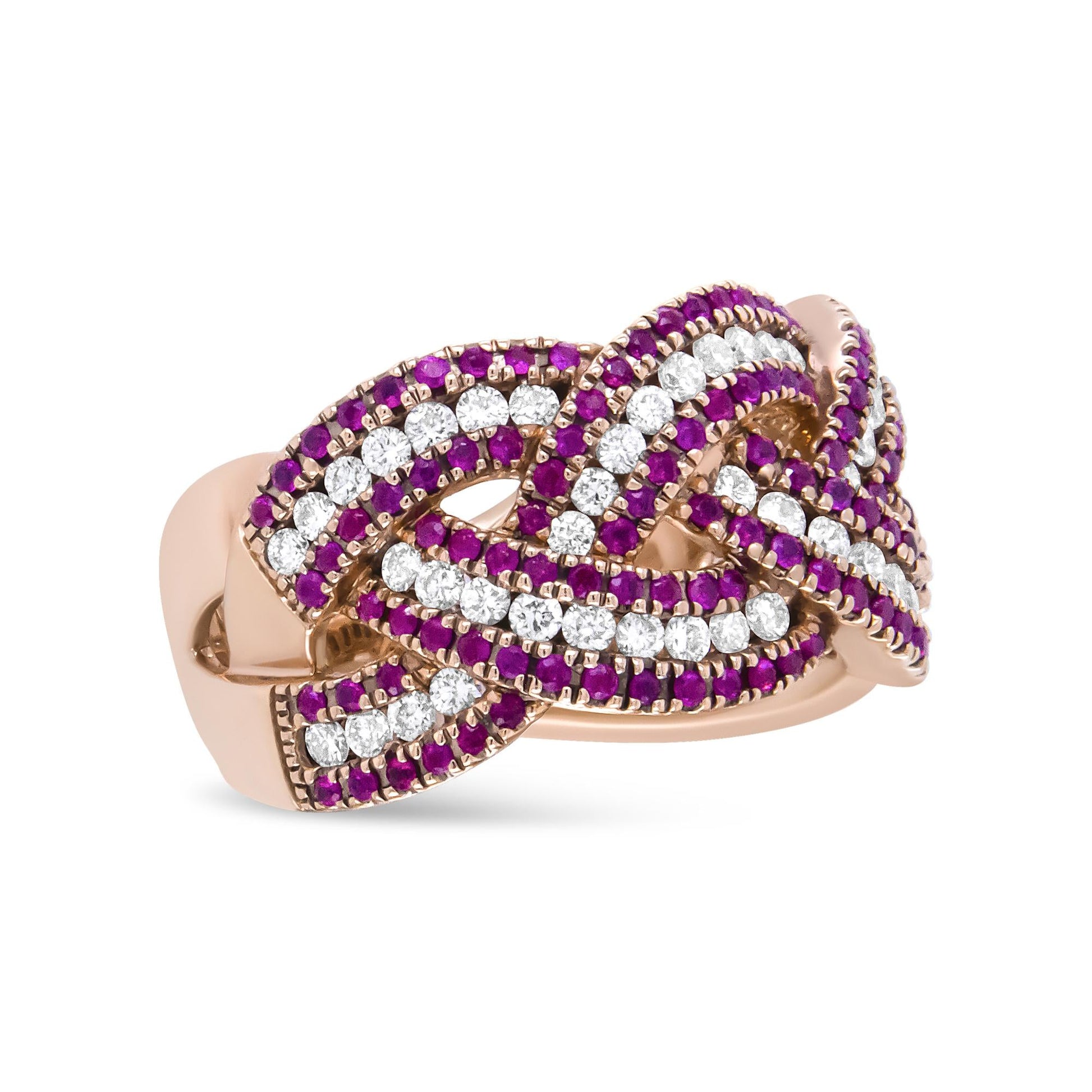 18K Rose Gold Red Ruby and 7/8 Cttw Diamond Woven Braided Band Ring (F-G Color, VS1-VS2 Clarity)-1