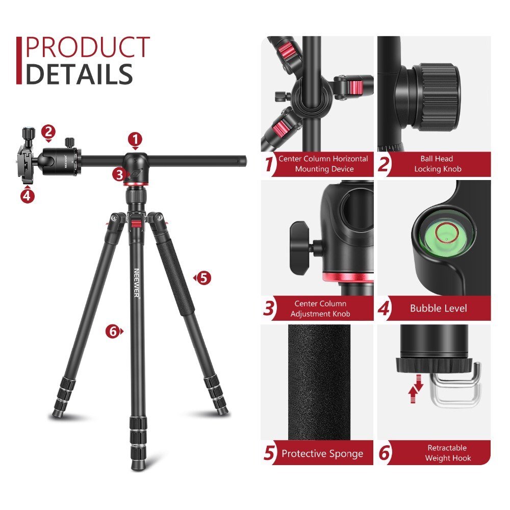 2-in-1 Camera Tripod Monopod with 360 Degree Rotatable Center Column and Ball Head QR Plate - 65 inches Aluminium Alloy-1