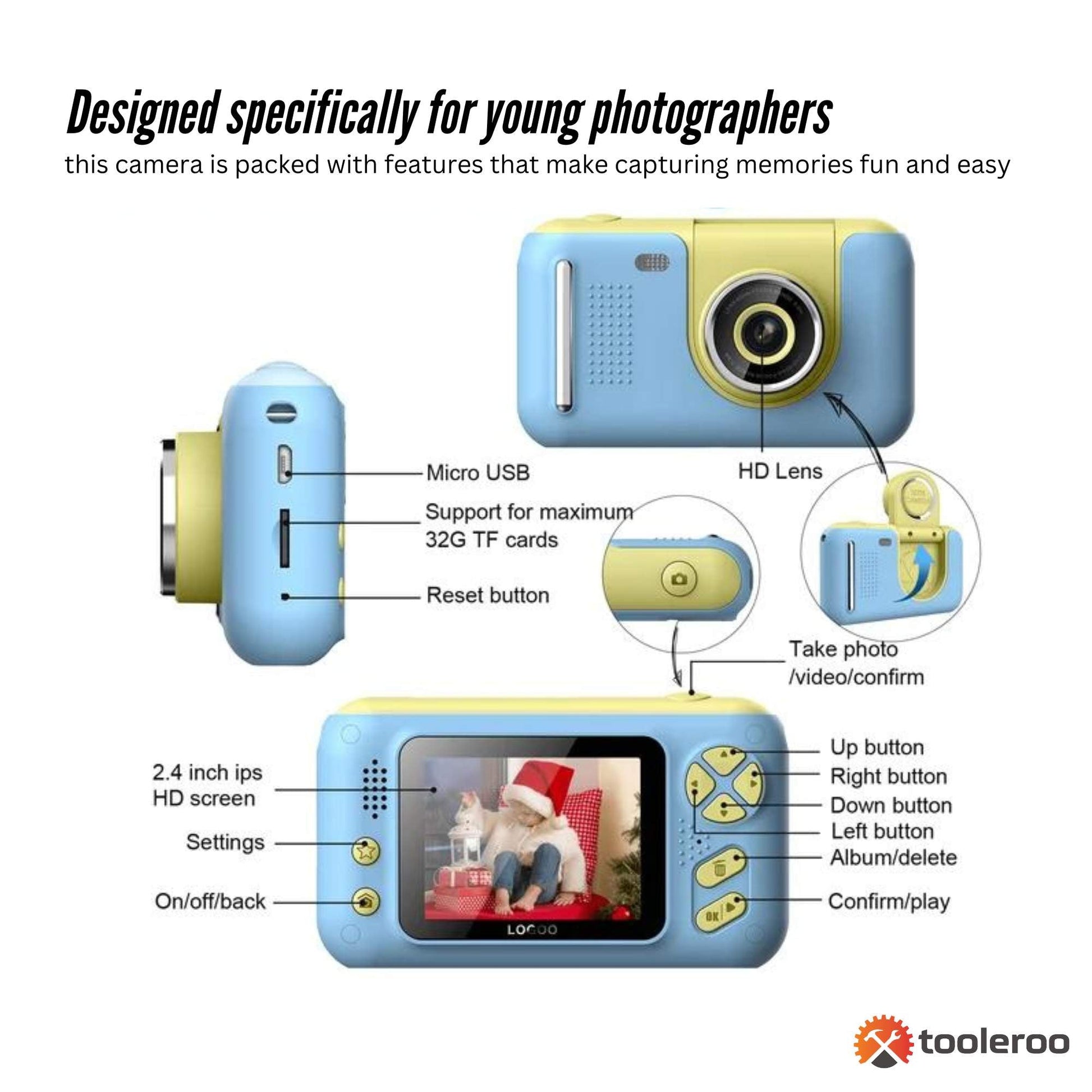 Kids HD Digital Camera Blue - Children's Selfie Photo Video 2.4 Inch Screen-2