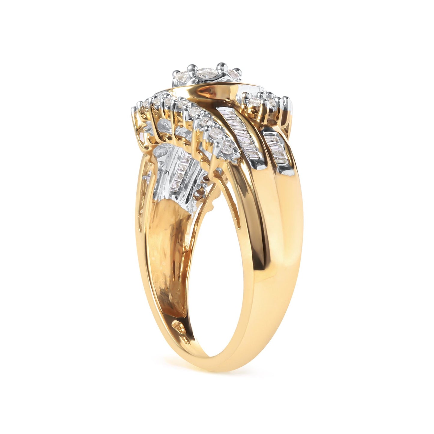 10K Yellow Gold 1 Cttw Round and Baguette cut Diamond Cluster Swirl Band Ring (H-I Color, I1-I2 Clarity)-2