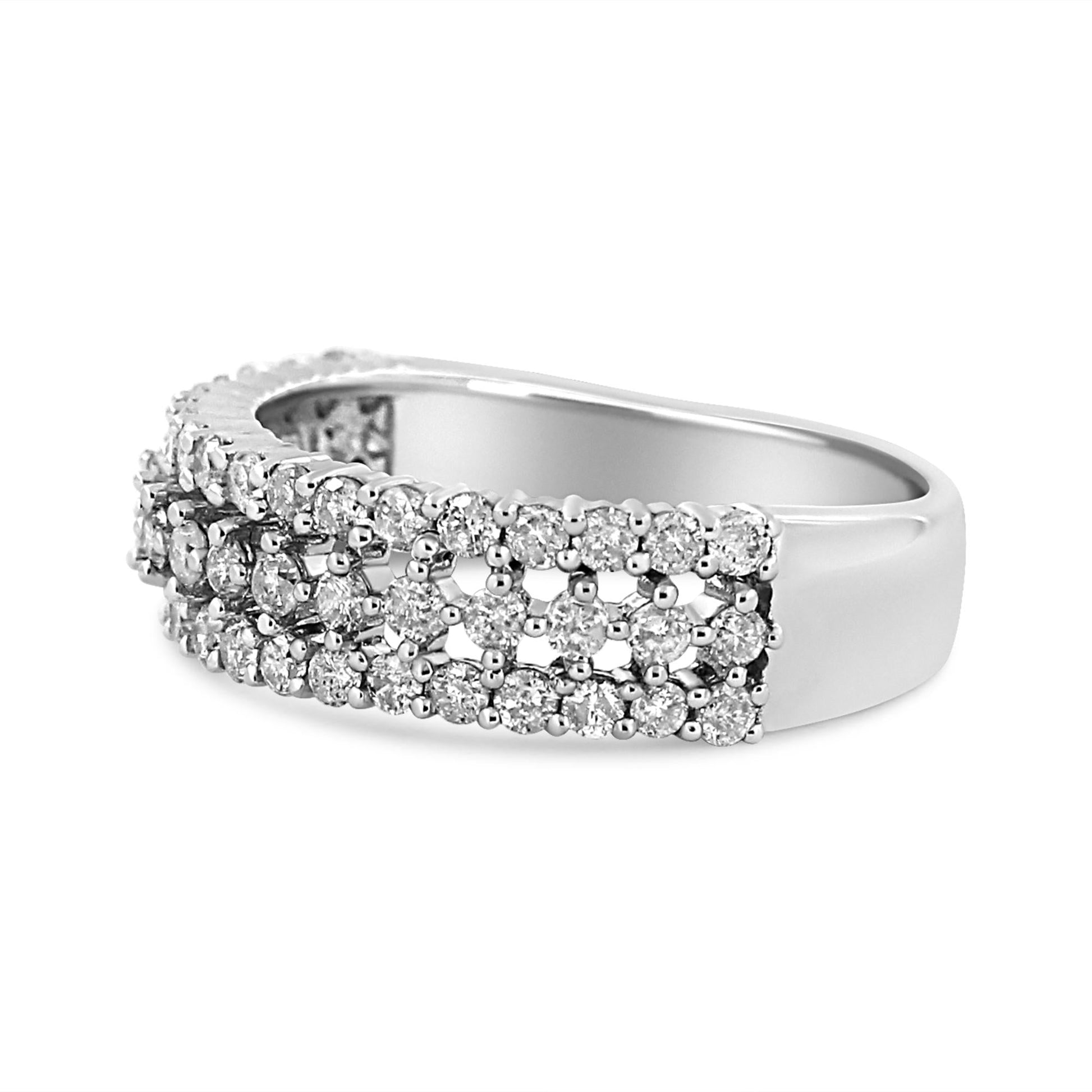 14K White Gold 1.0 Cttw Prong Set Round Diamond Split Shank Three Row Band Ring (H-I Color, I2-I3 Clarity)-2