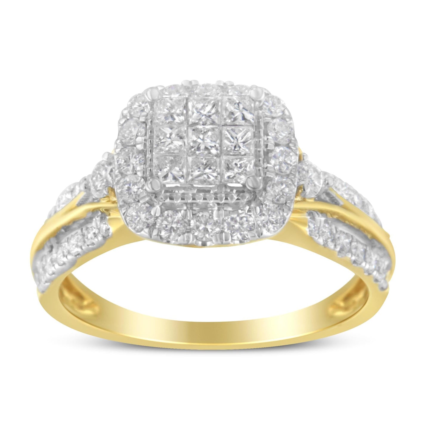 10K Yellow Gold 1.0 Cttw Diamond Composite Cushion-Shape Halo 3-Band-Look Engagement Ring (H-I Color, SI1-SI2 Clarity)-2