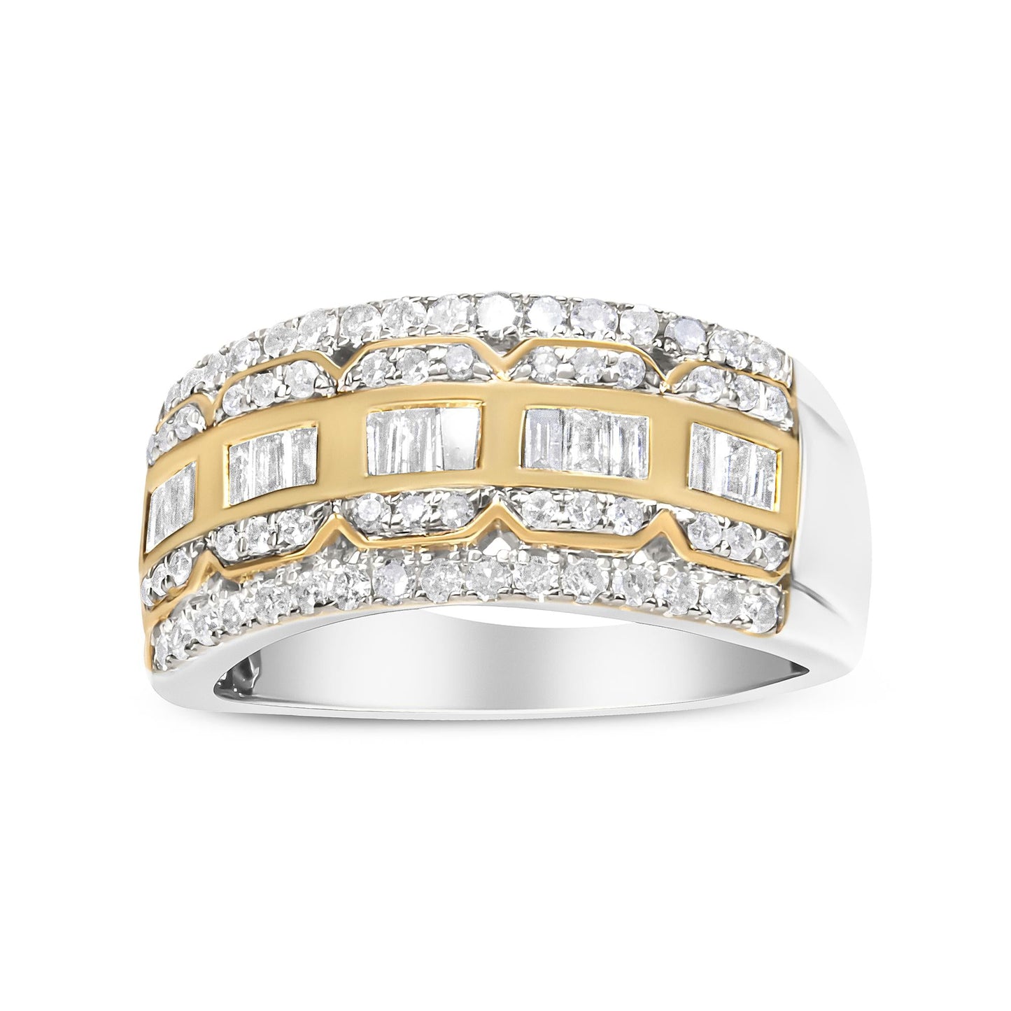 10K White and Yellow Gold 1.00 Cttw Baguette and Round cut Diamond Art Deco Multi-Row Ring Band (I-J Color, I1-I2 Clarity)-4