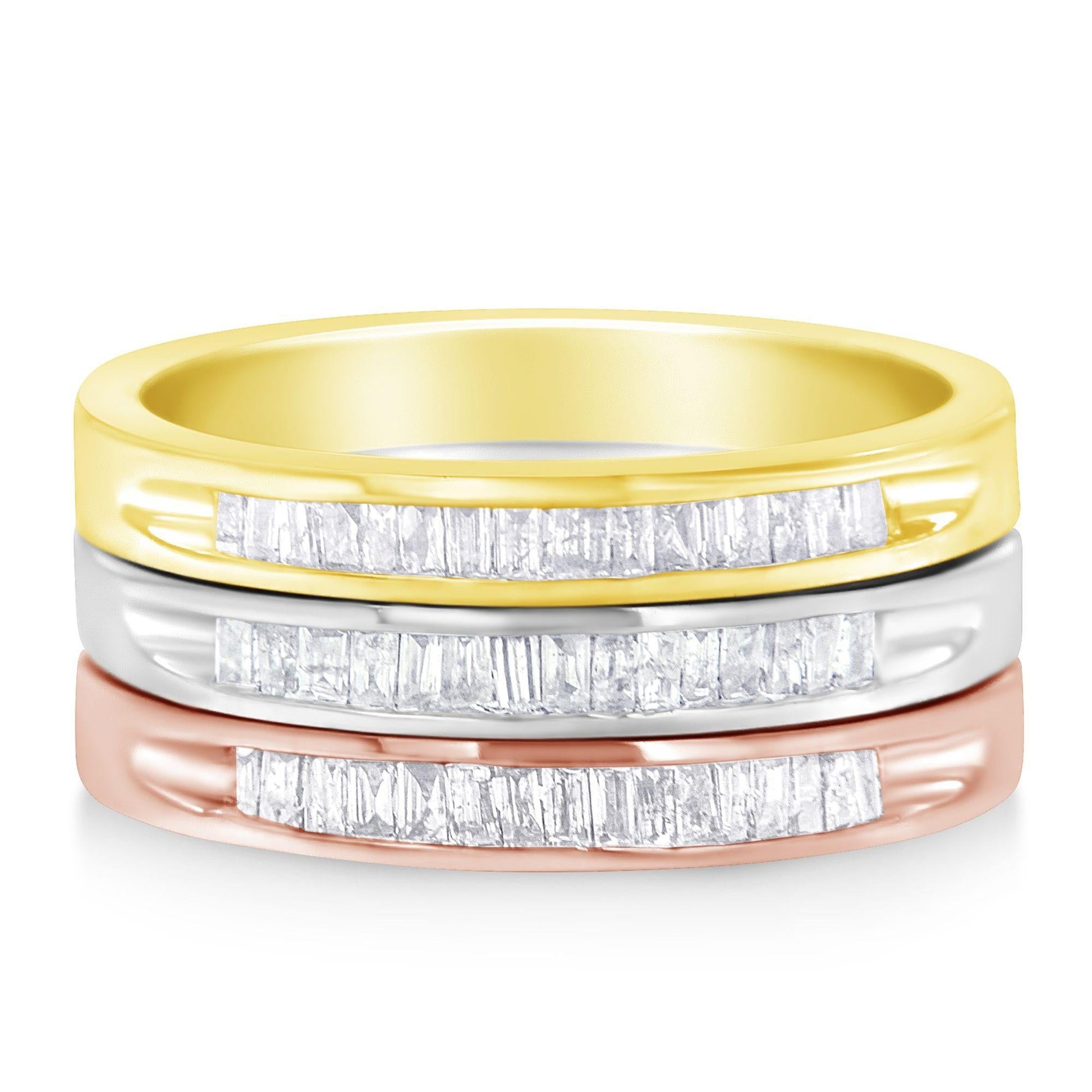 10K Yellow, White and Rose Gold over .925 Sterling Silver 5/8 Cttw Diamond Channel-Set Stackable Band Ring Set (H-I Color, I1-I2 Clarity)-2